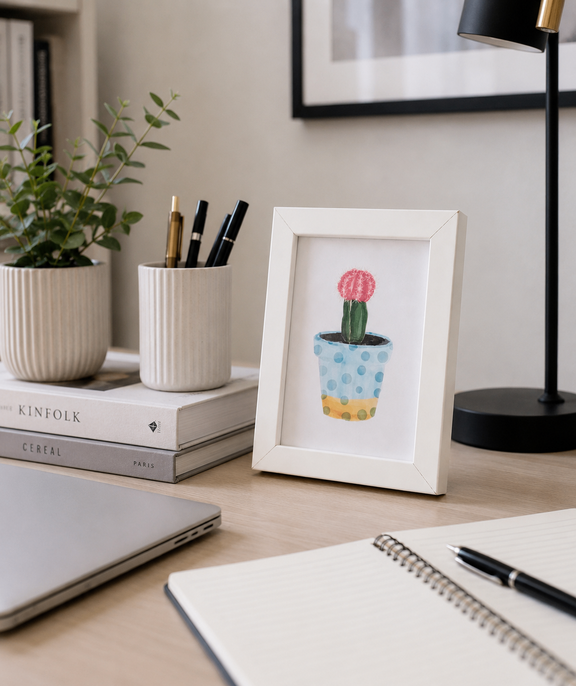Like New White Framed Watercolor Cactus Print - photo 2