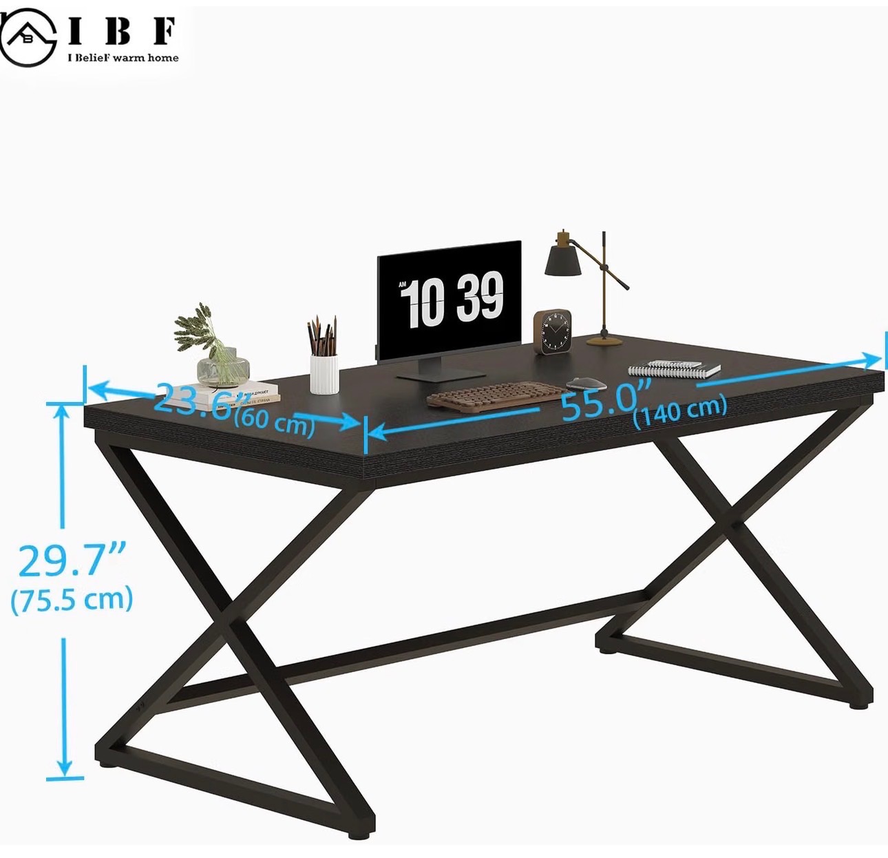 Black Modern Desk Wood Metal Workstation Black Oak, 55" - photo 3