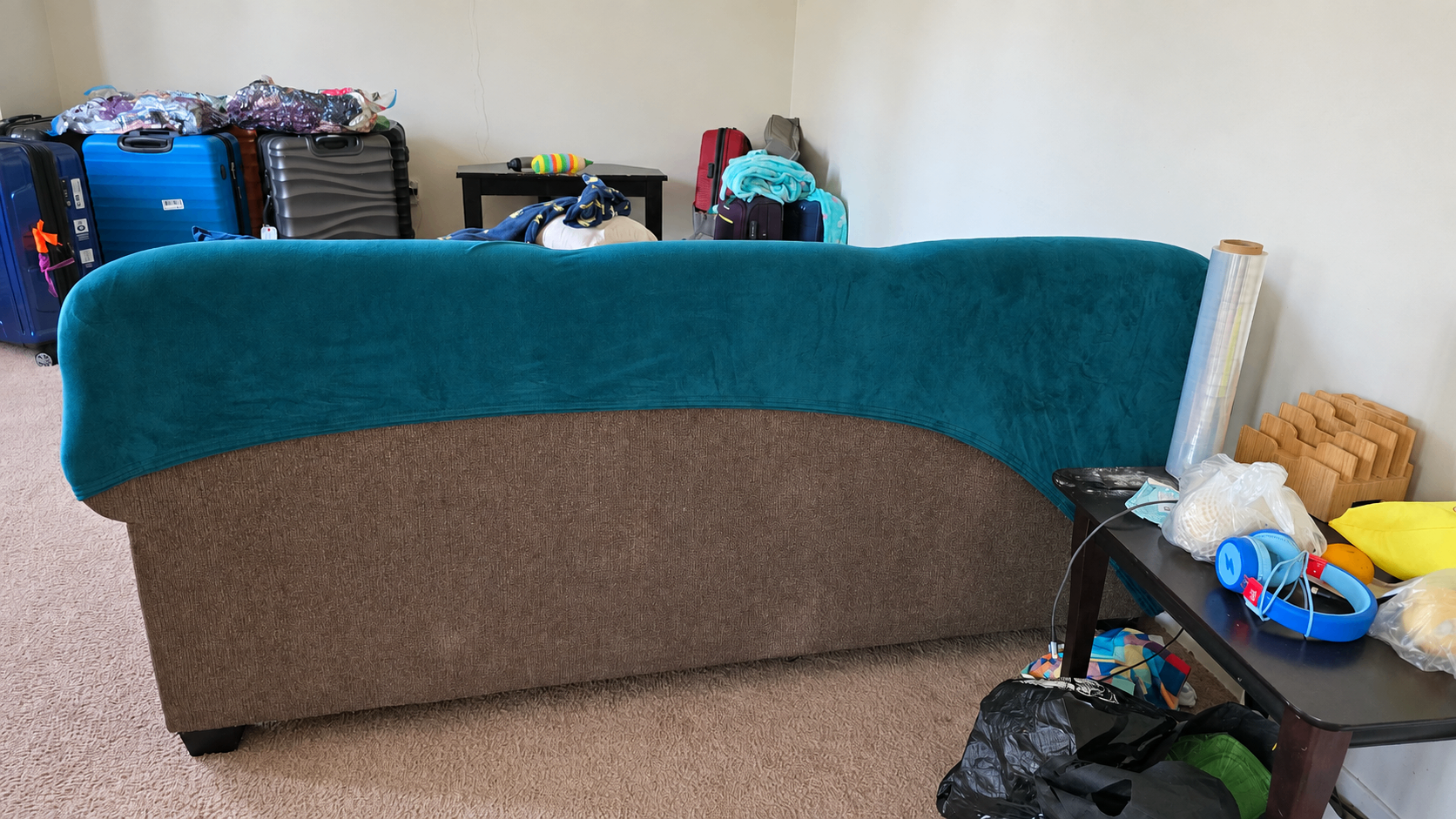3-Seater Brown Fabric Sofa + Custom Plush Teal Velvet Slipcover - photo 4