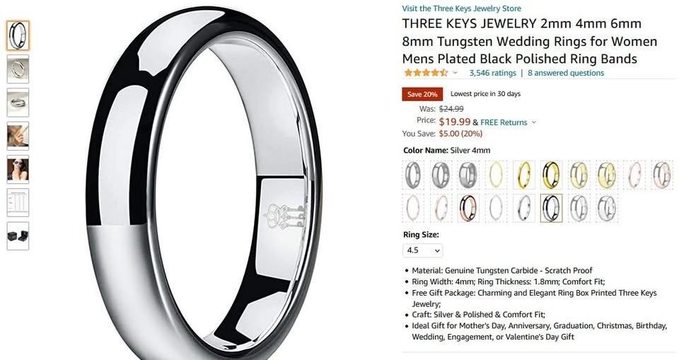 three keys jewelry 4mm white tungsten wedding ring, size 4.5