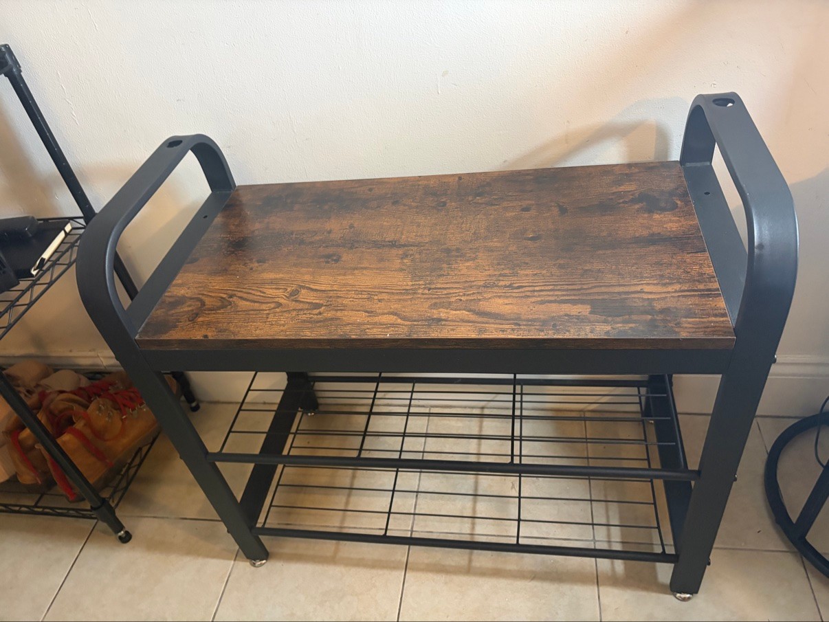 Entryway Shoe Bench with Shoe Rack — Wood Top, Black Metal Frame
