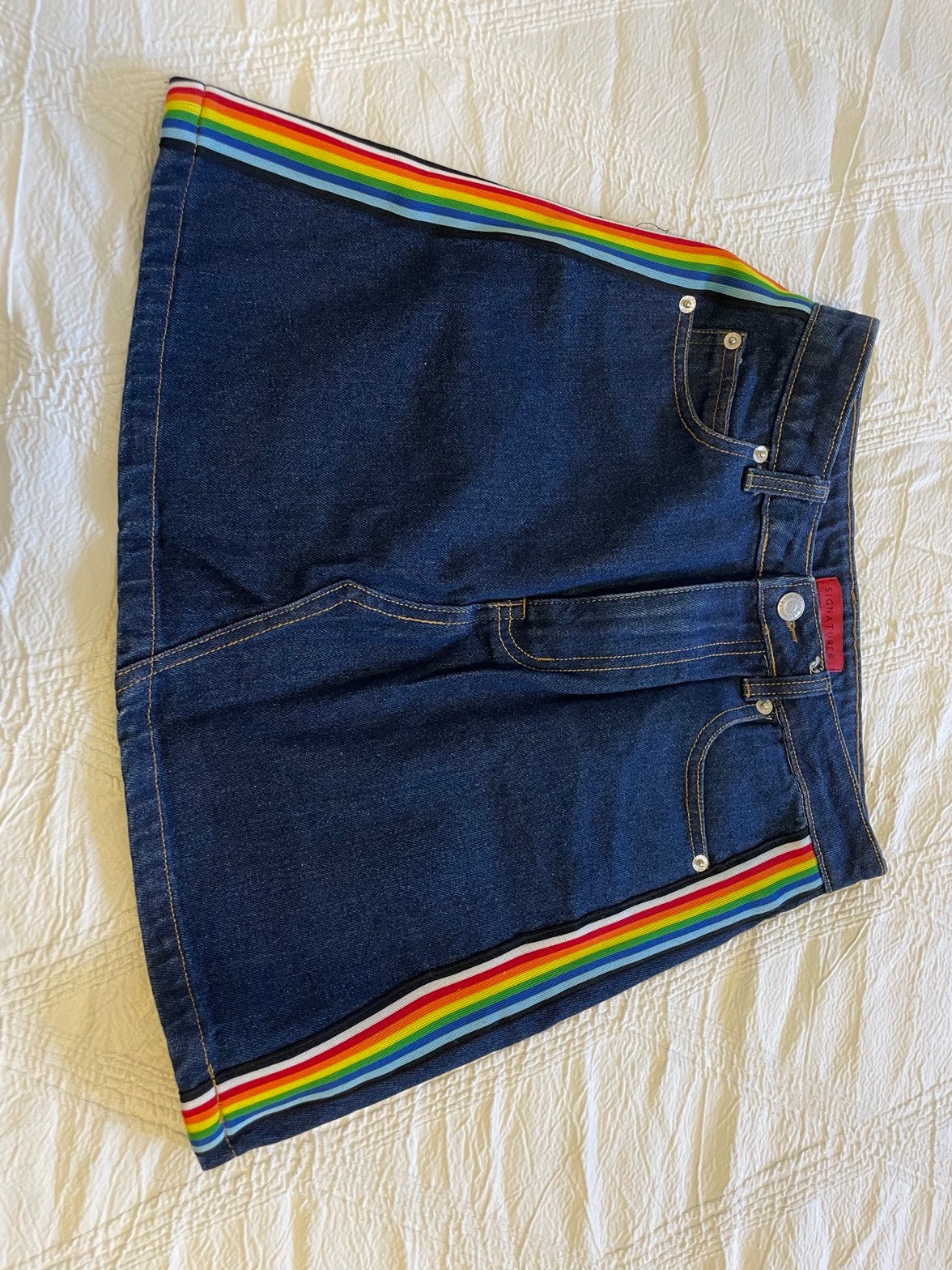 Dark wash denim mini skirt, rainbow trim (S) — The Junction