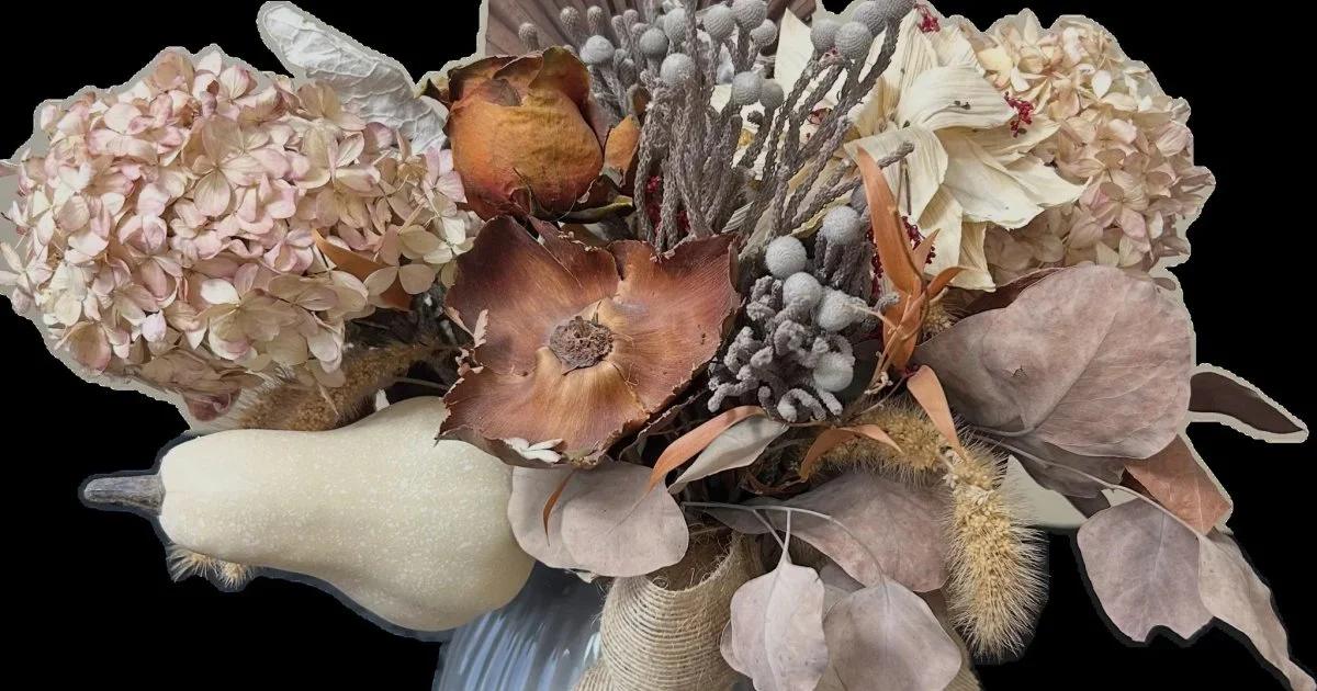 Dried Floral Arrangement in Blue Ribbed Vase