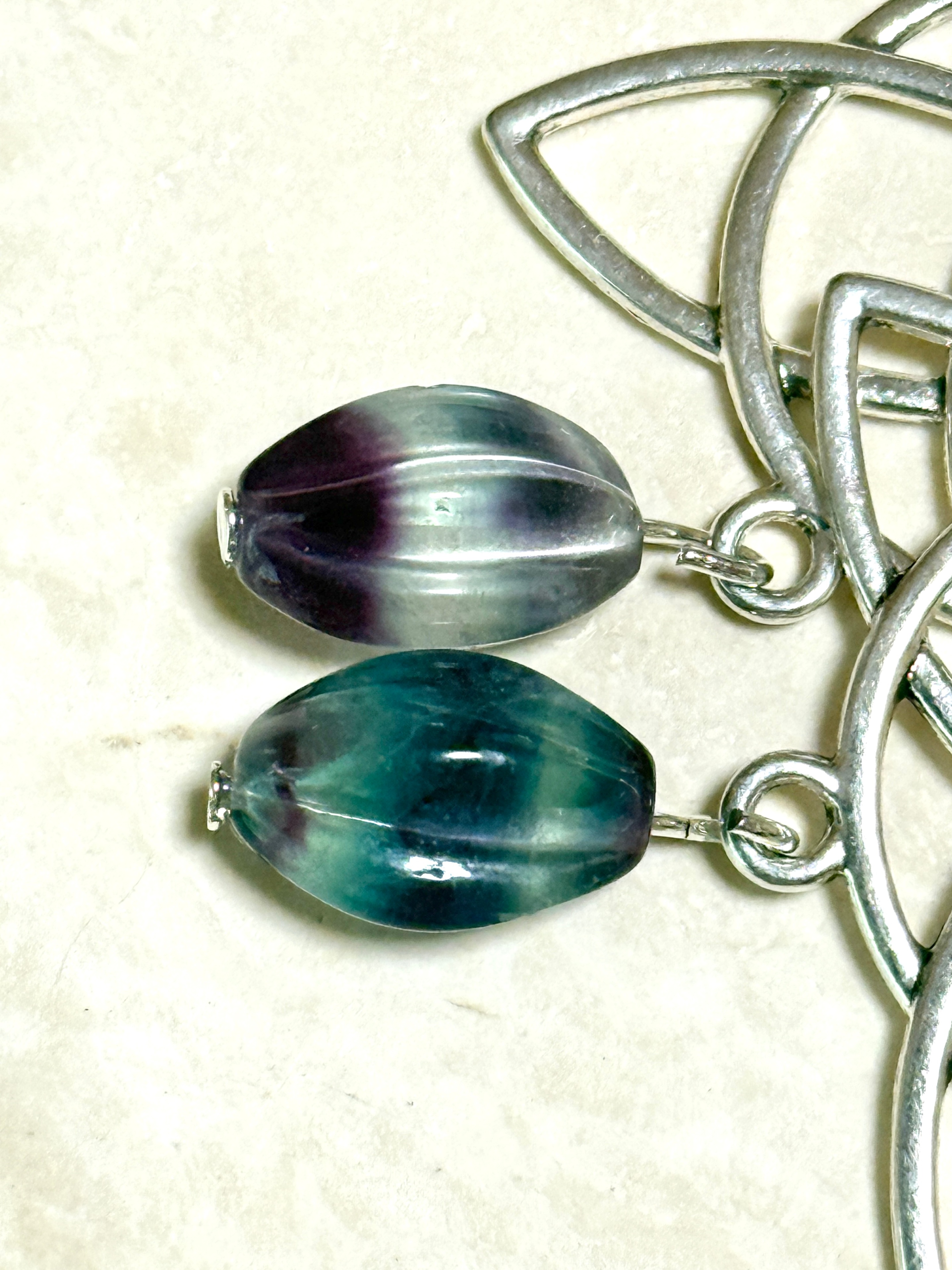 Rainbow Fluorite Celtic Trinity Earrings, 925 Silver Hooks - photo 3