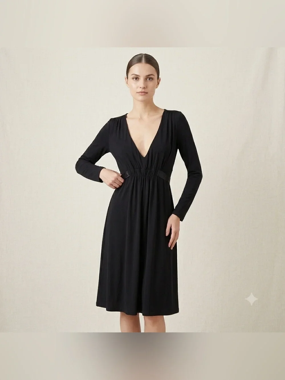 B Smart Long Sleeve V Neck Belted Knee Length Midi Dress Sz 9/10