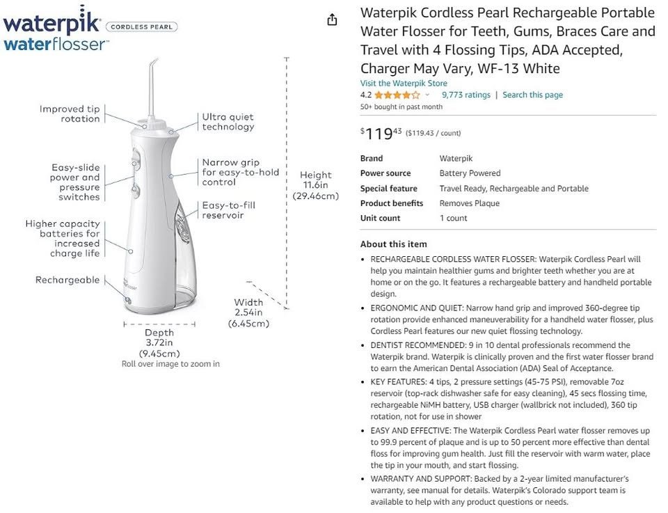 Waterpik Rechargeable Water Flosser with 5 NEW Flossing Tips