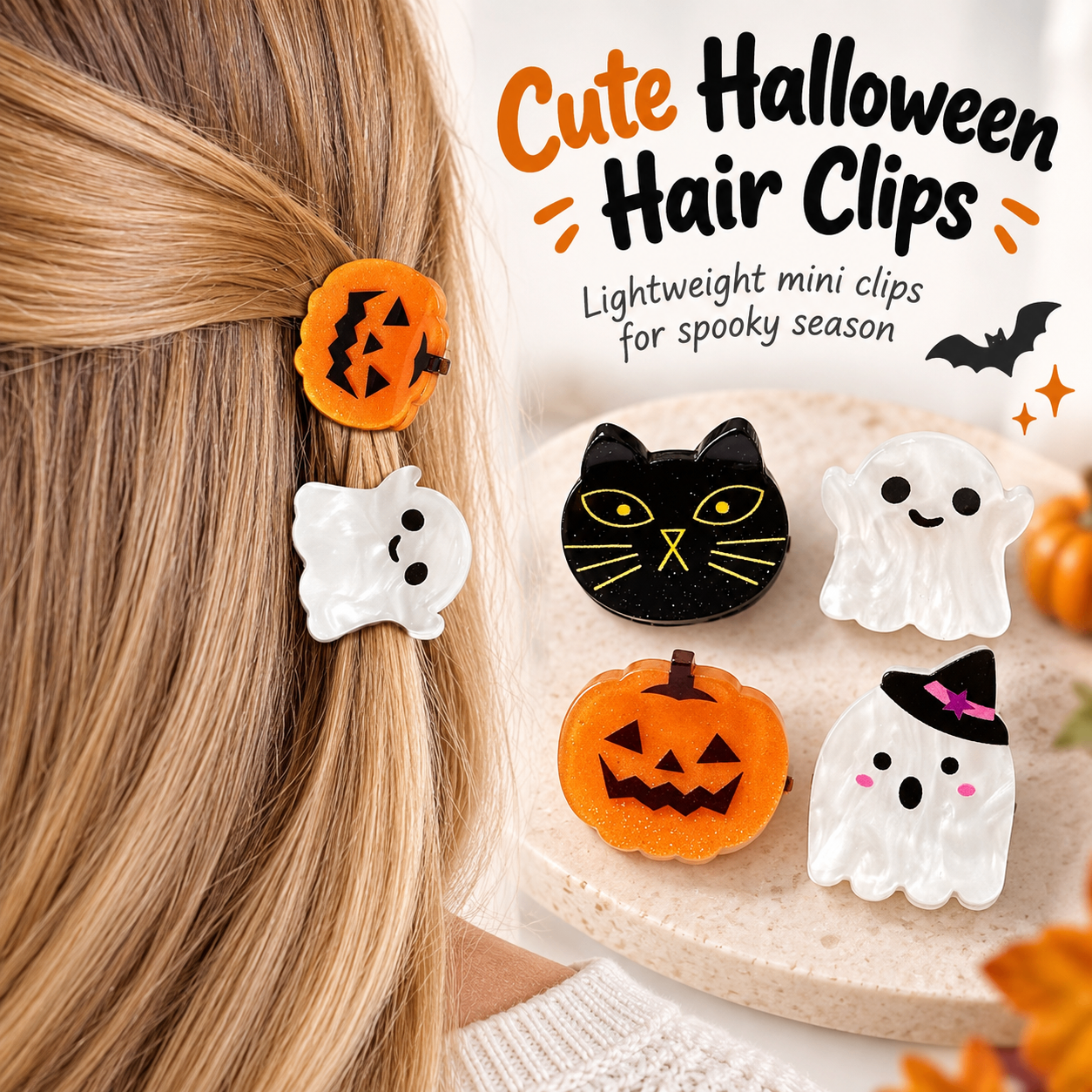 Halloween Hair Clips Set – Ghost, Pumpkin & Black Cat