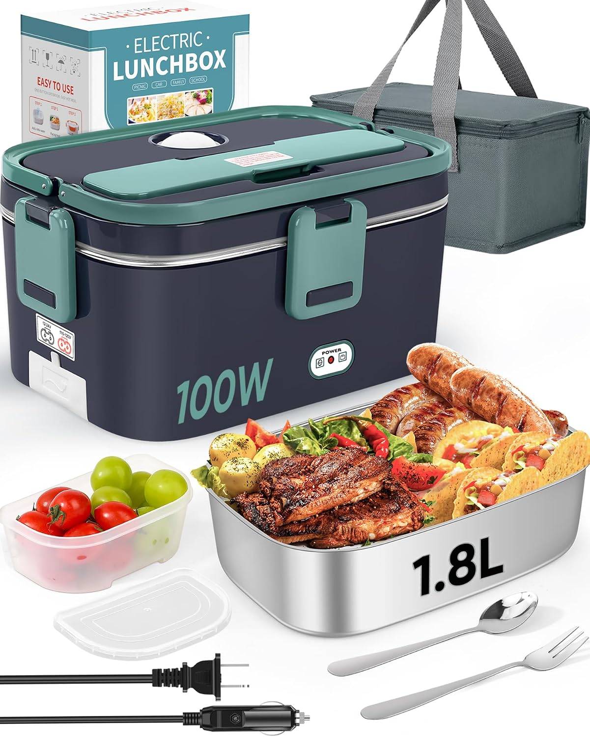 Electric Lunch Box Food Heater 100W 1.8L Stainless Steel