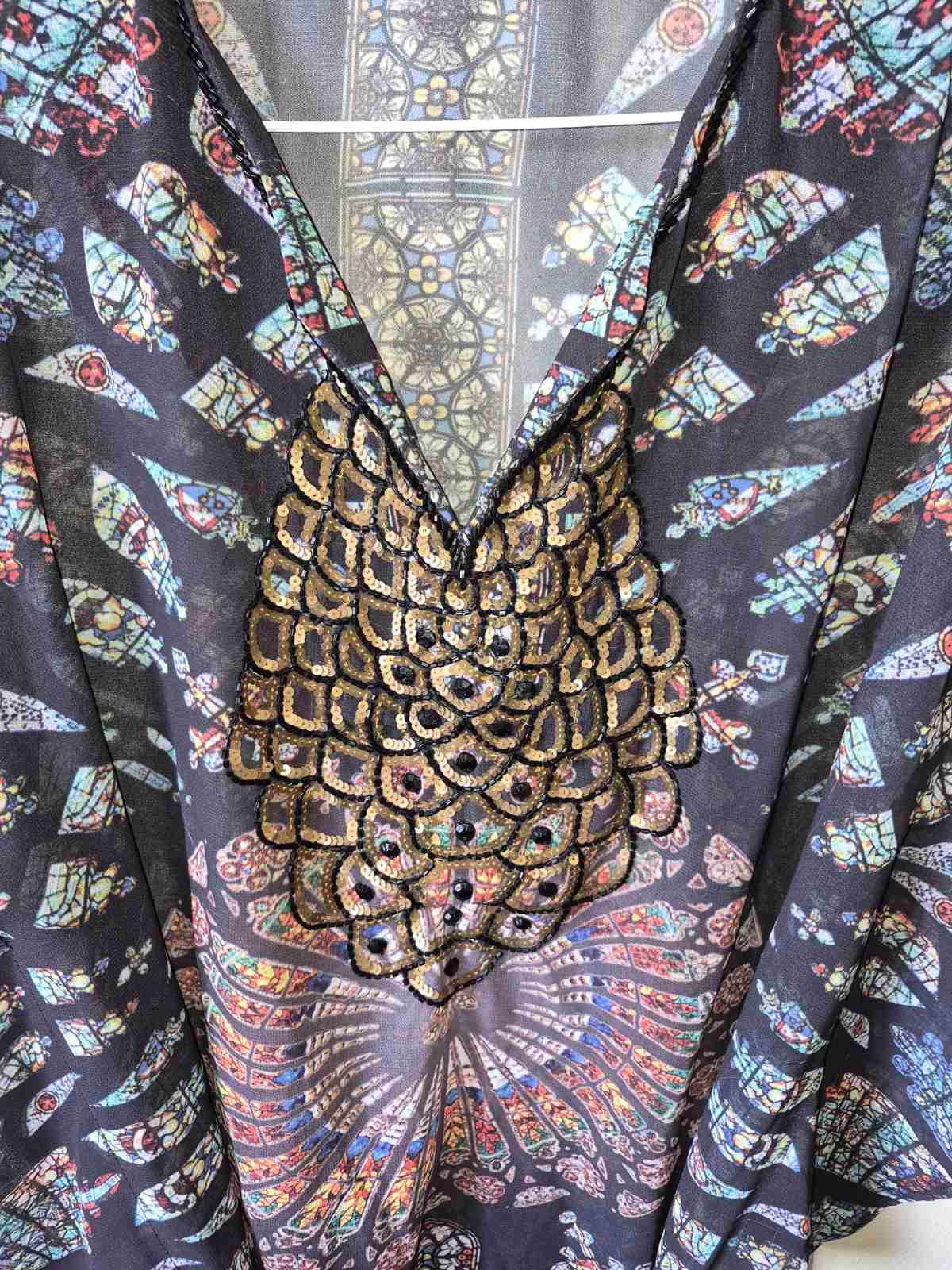 Boho Stained Glass Print Sequin Embellished Kaftan Cover Belted - photo 4