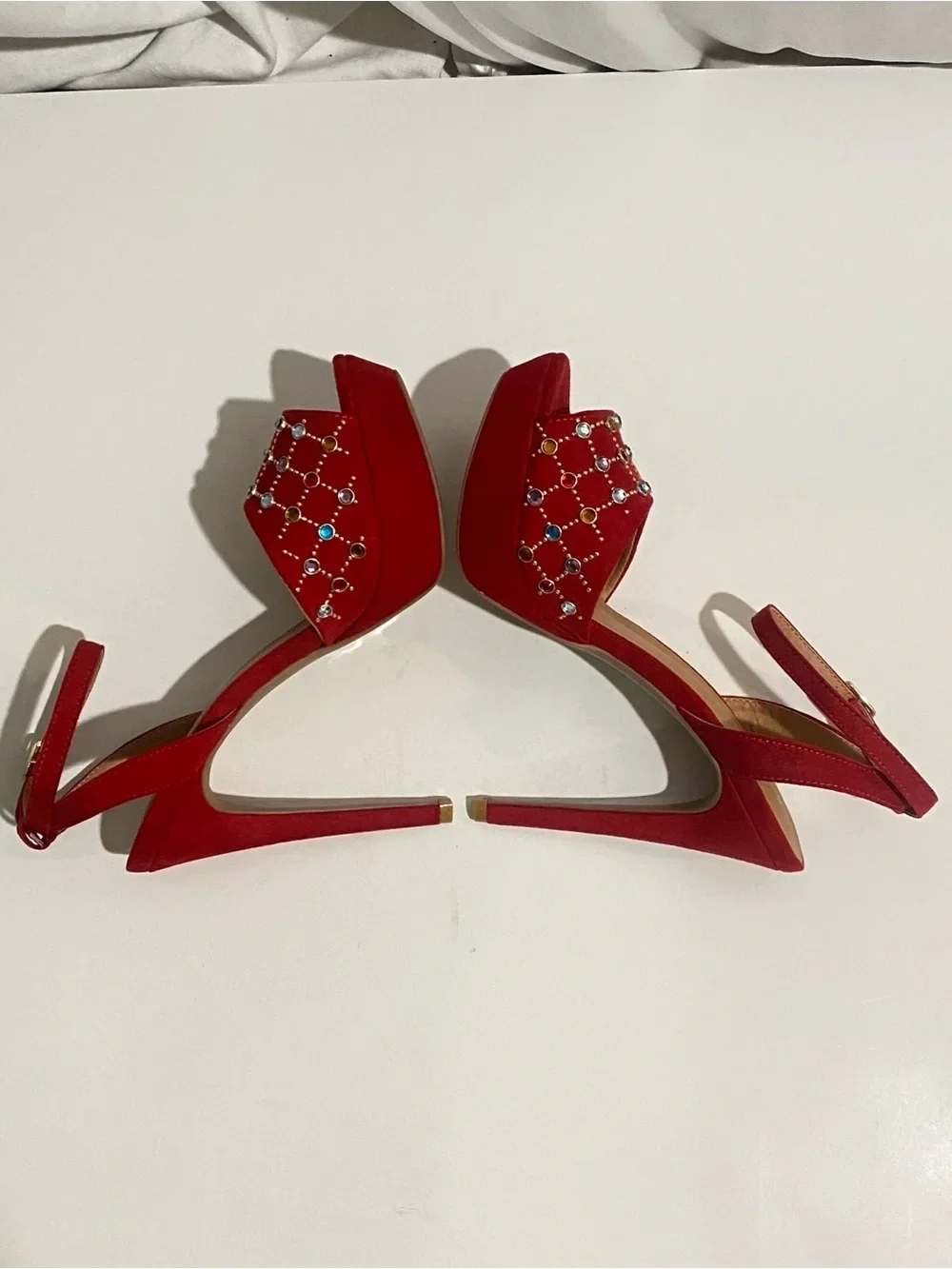 Qupid Women's 8.5 Red Rhinestone Studded Platform Heels - photo 4