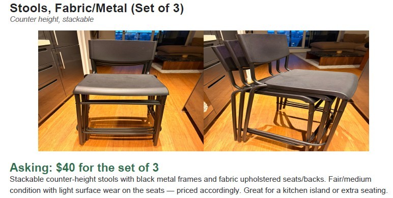 Set of 3 Stackable Counter-Height Stools - Black Metal & Fabric