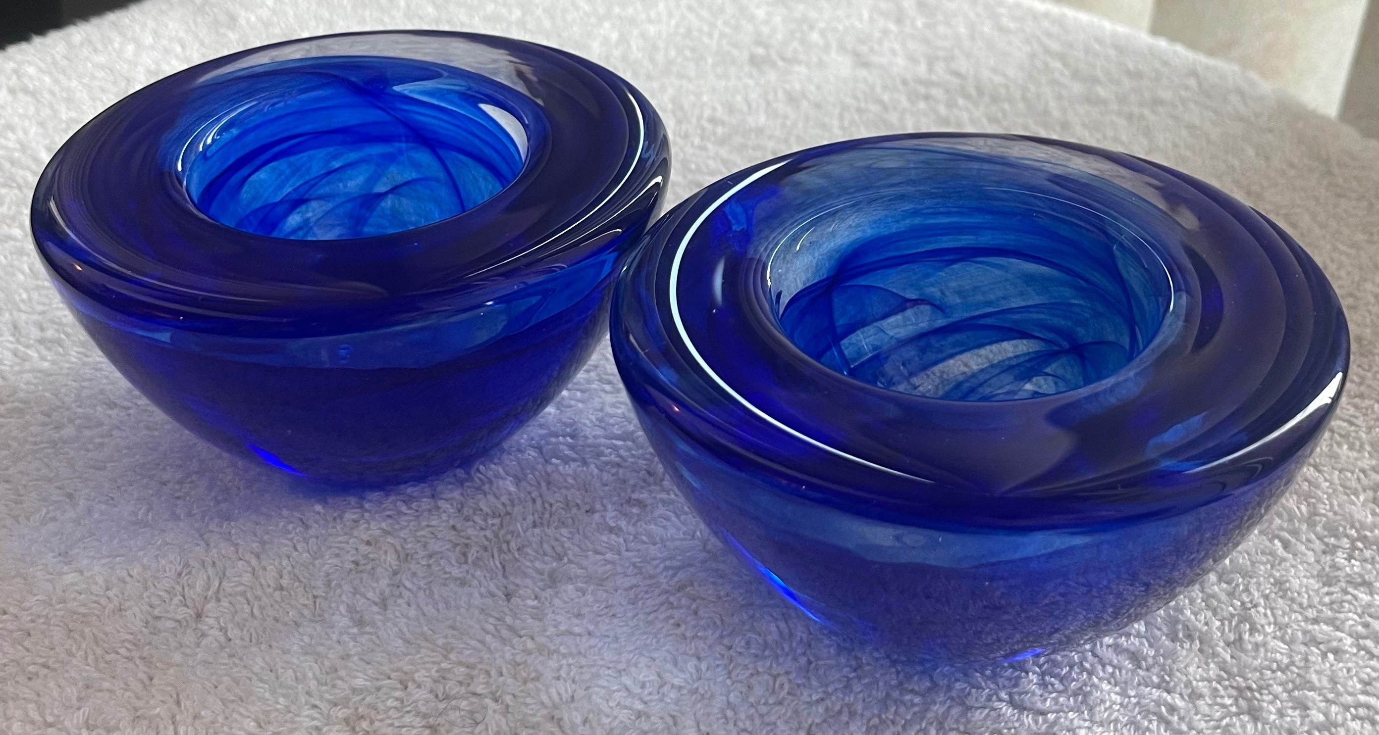 Pair of Kosta Boda Cobalt Blue Swirl Crystal Votives - photo 2