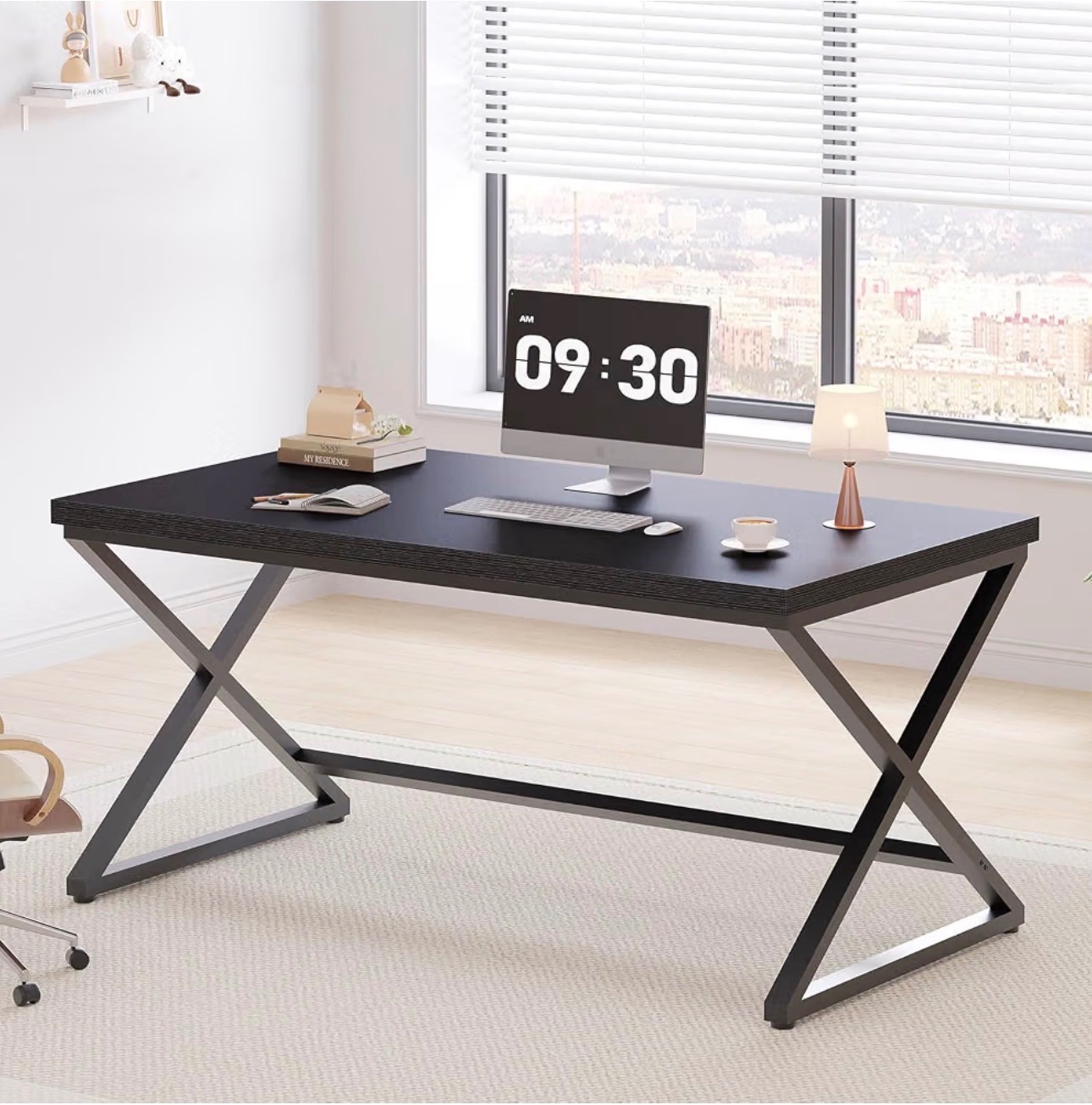 Black Modern Desk Wood Metal Workstation Black Oak, 55" - photo 2