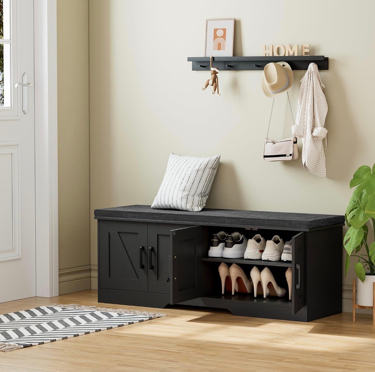 2-Tier Shoe Storage Bench Padded Seat Cushion Adjustable Shelf - photo 3