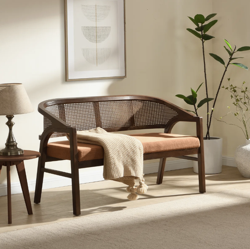 Rattan and Solid Wood Bench with Cushion - New in box