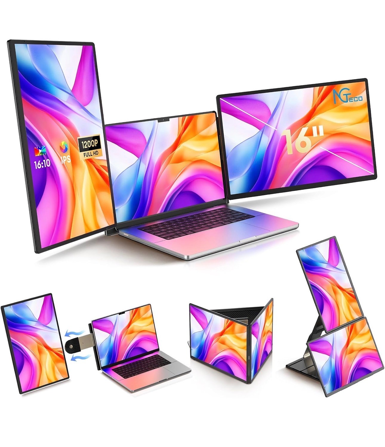 16" Triple Laptop Screen Extender 1200P IPS Portable Detachable