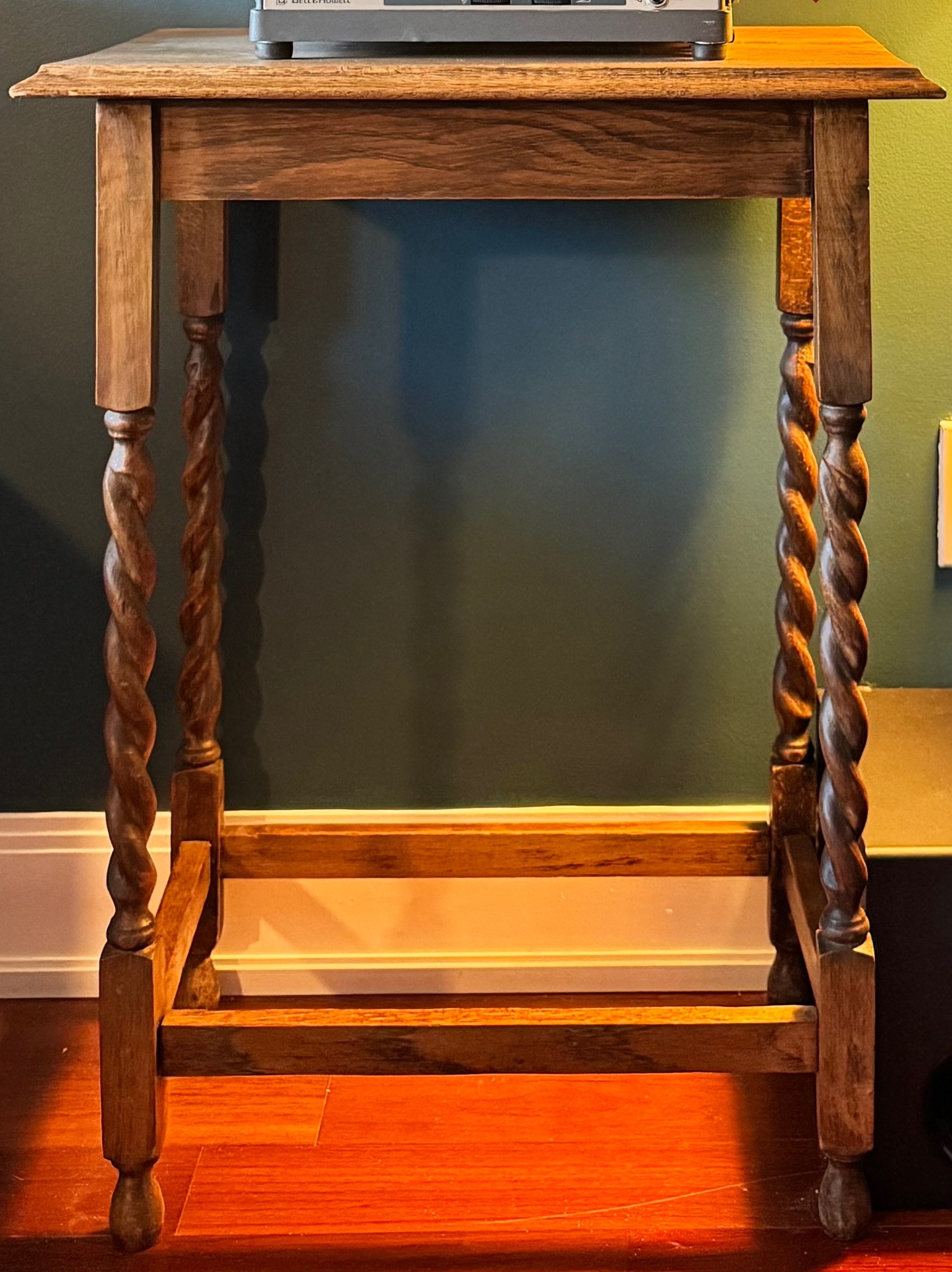 Antique Console Table, 2 Barstool Chairs, & Storage Bench