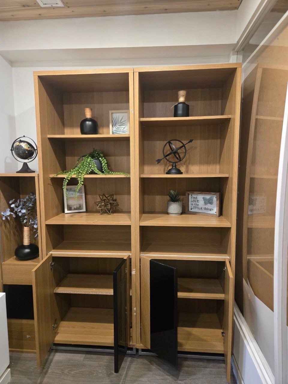 Two Tall Oak Wood Bookcases with Lower Cabinets - photo 2