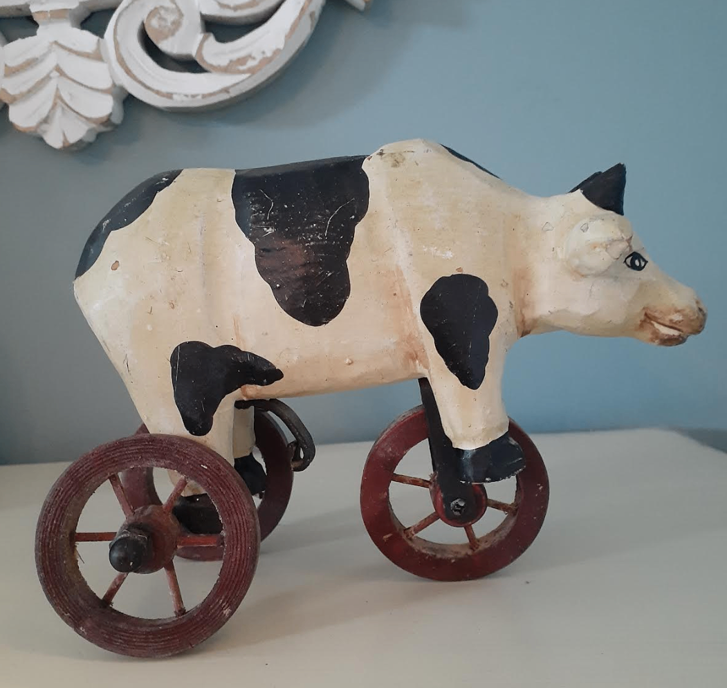Vintage Cow on Wheels primitive style carved wood art figurine - photo 5