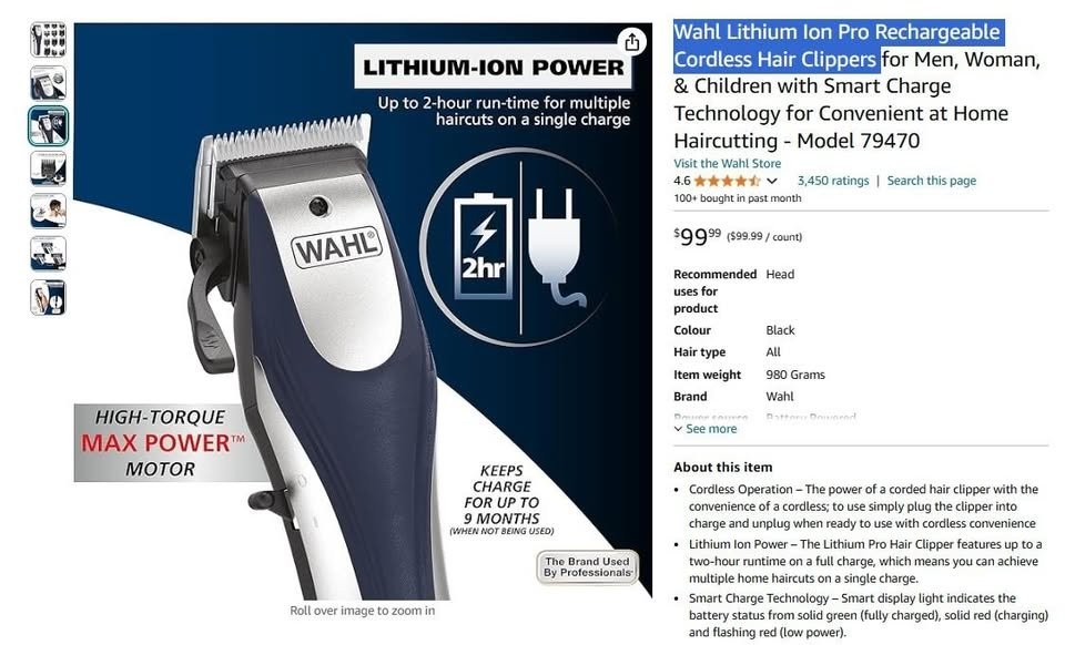 Wahl Hair Clippers, Lithium Ion Pro Rechargeable Cordless