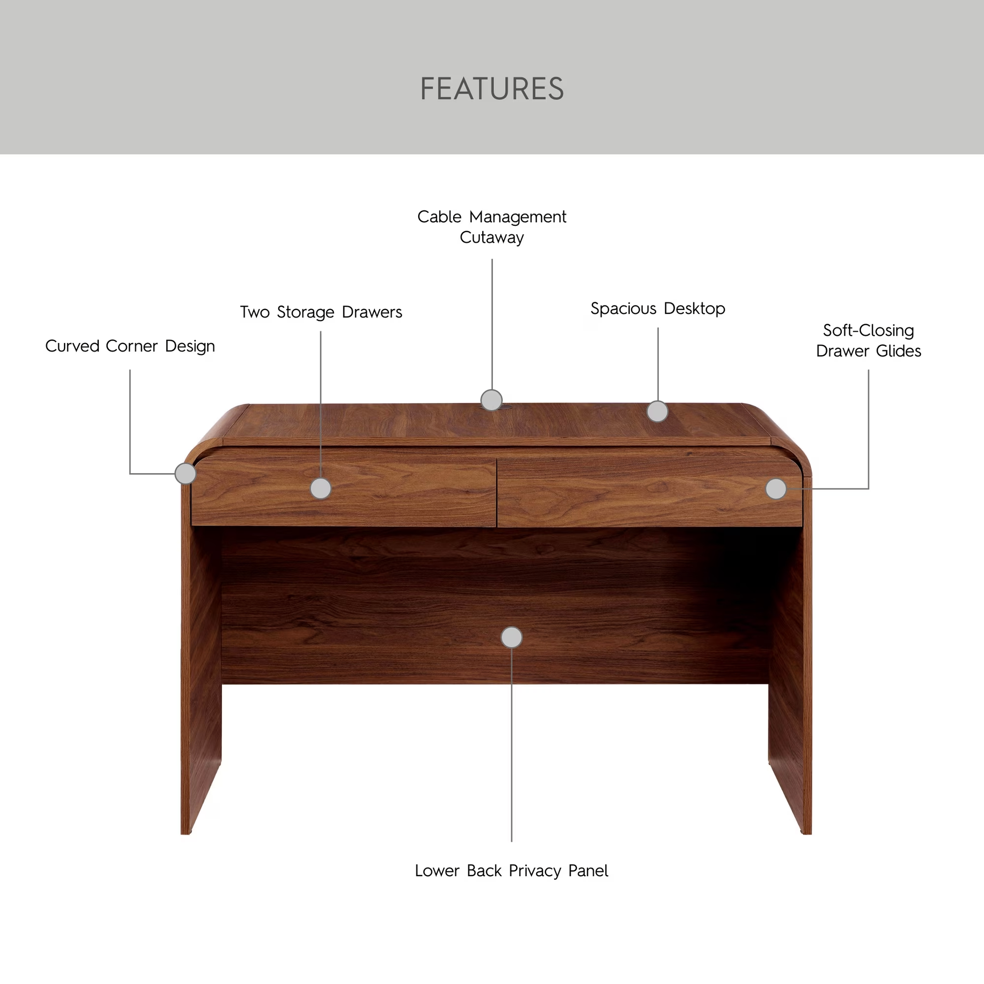 Juliet Curved Desk with Storage, Adults and Teens, Walnut Finish - photo 4