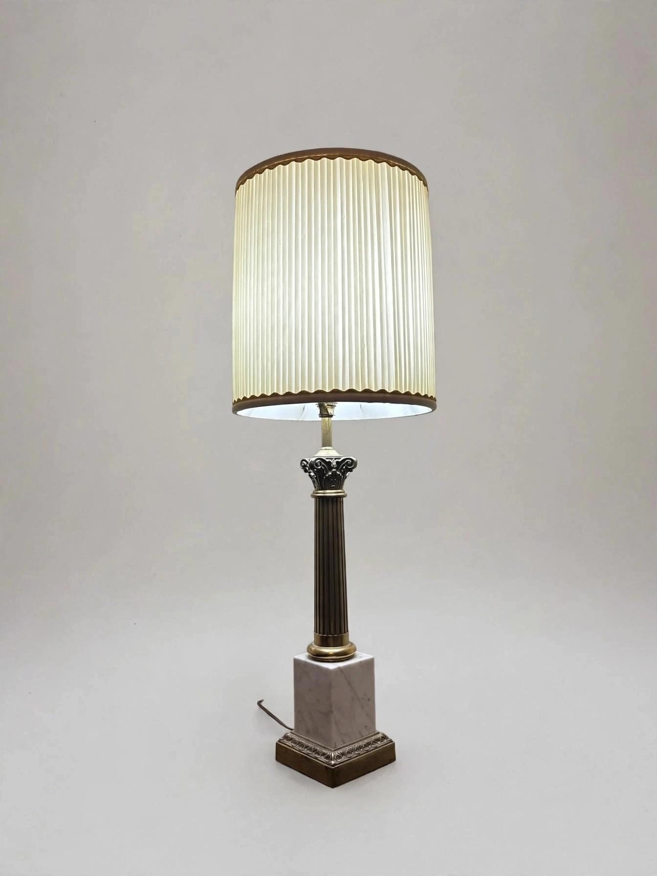 Hollywood Regency Brass Marble Column Table Lamp Pleated Shade