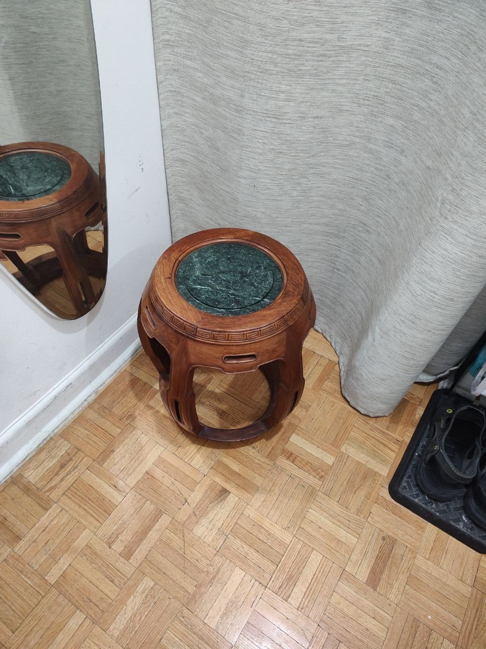 Vintage Chinese Carved Hardwood Drum Stool with Green Marble Top - photo 2