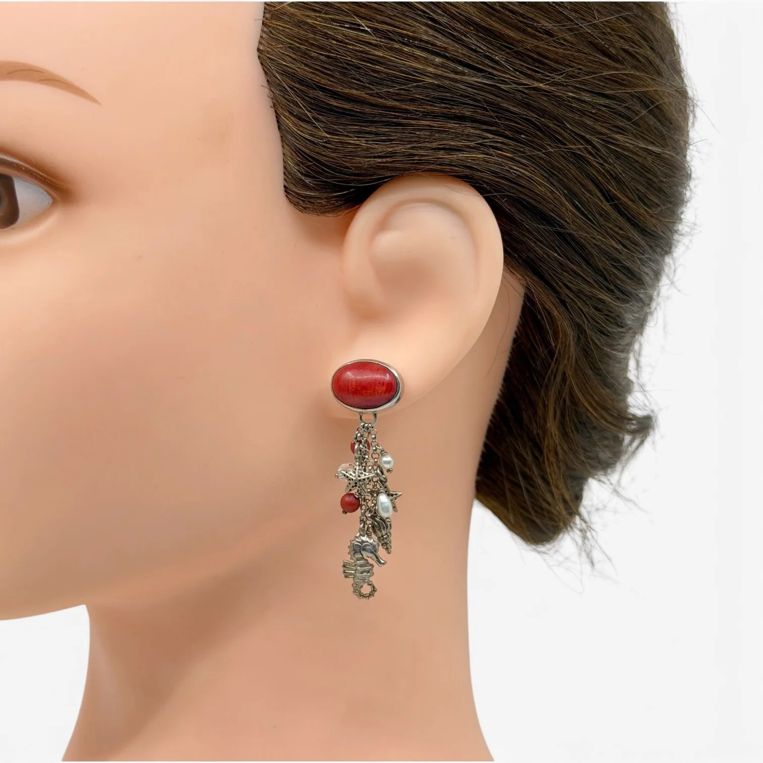 sterling silver coral pearl & crystal sea life drop earrings - photo 4