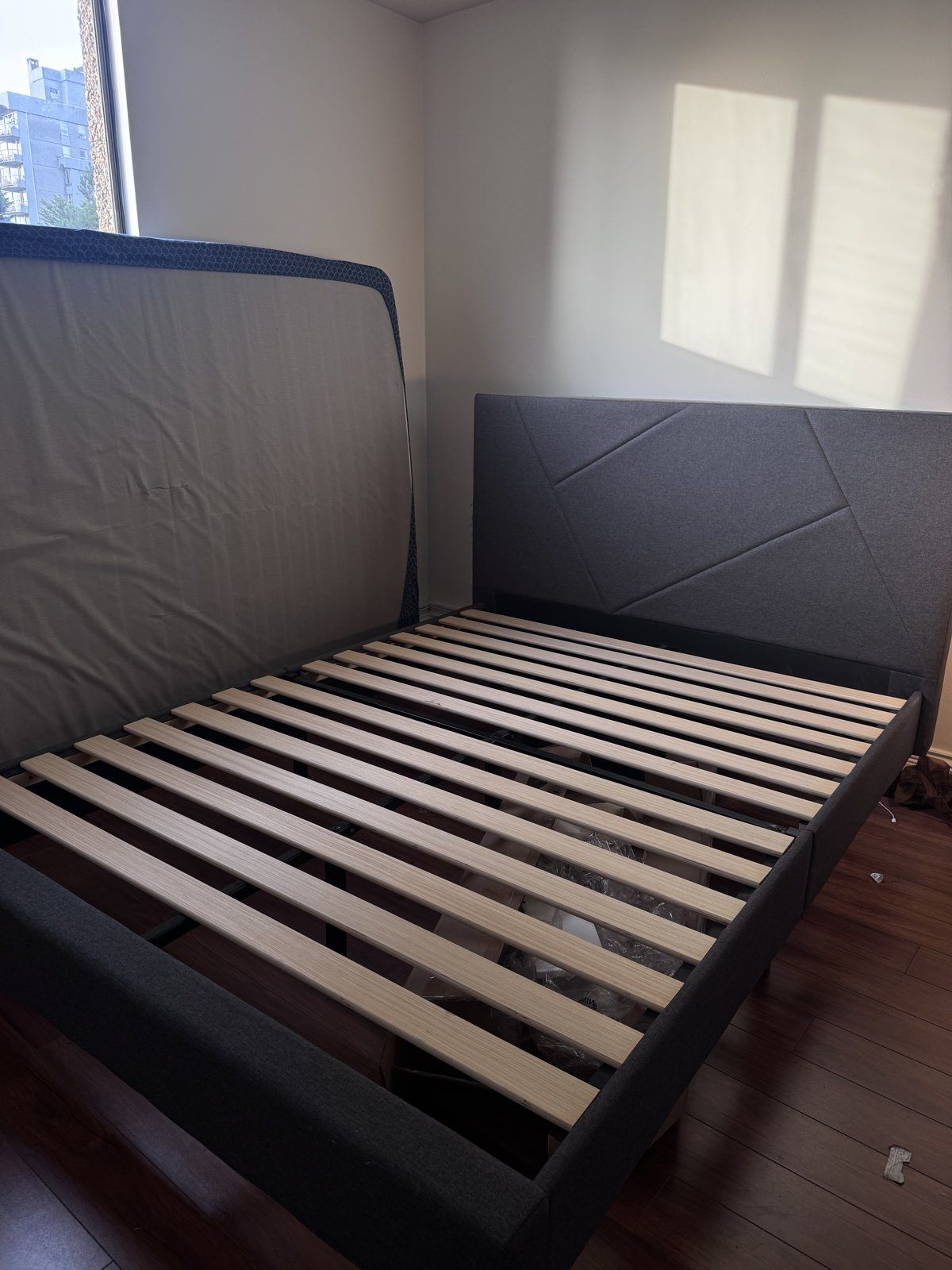 Queen Bed Frame with Upholstered Headboard, Grey - photo 4