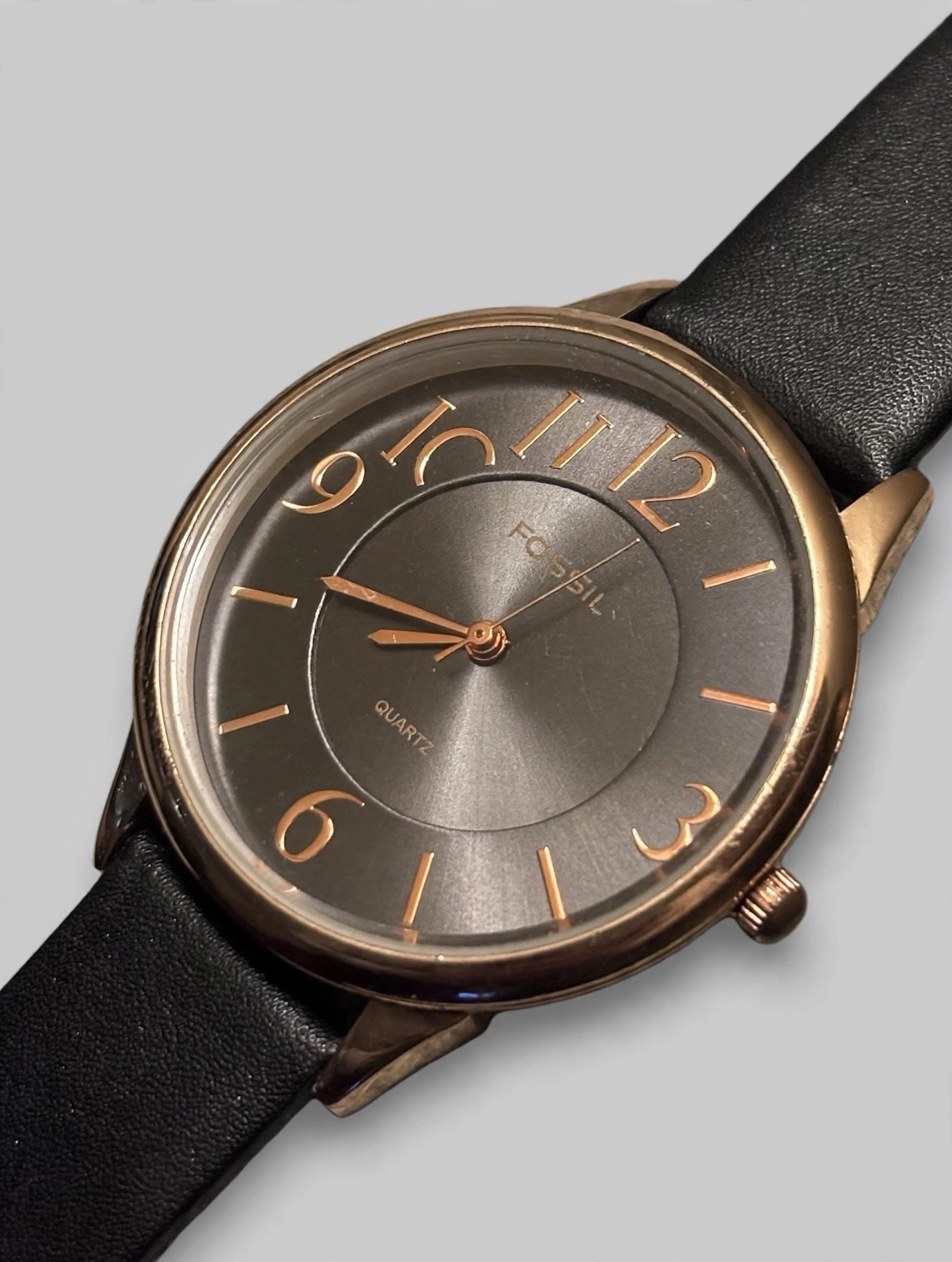 Fossil Women's Quartz Watch Rose Gold Case Dark Dial Black Strap