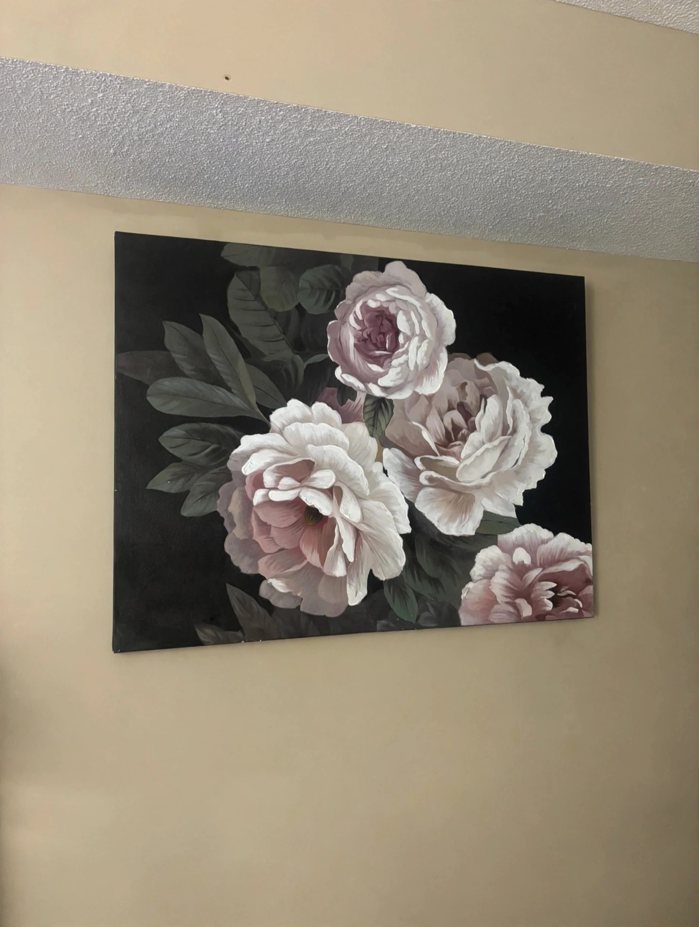 Hand-Painted Floral Oil Canvas 36x48 White Roses Black