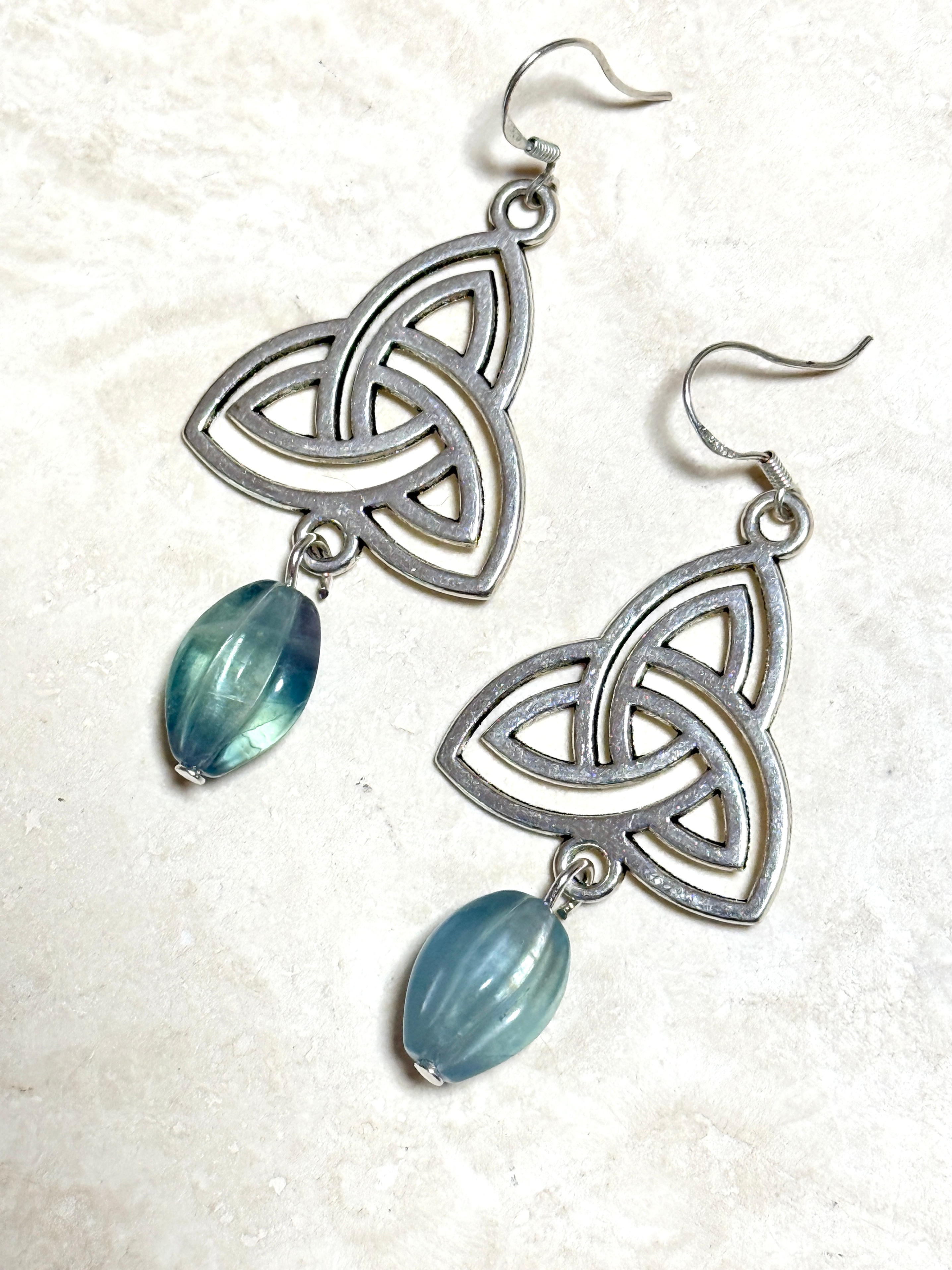 Teal Fluorite Triqueta Earrings, Sterling Silver Hooks - photo 2