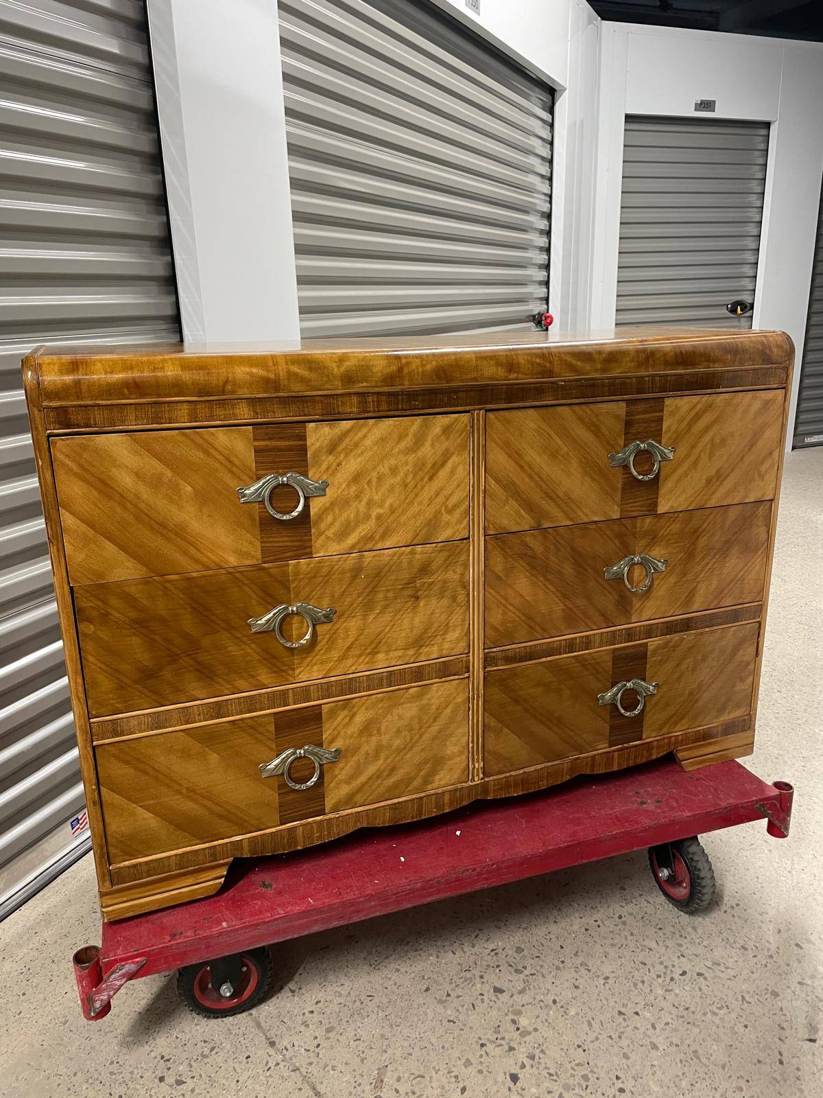 Vintage Art Deco Waterfall Double Dresser | 1930s Burl Wood