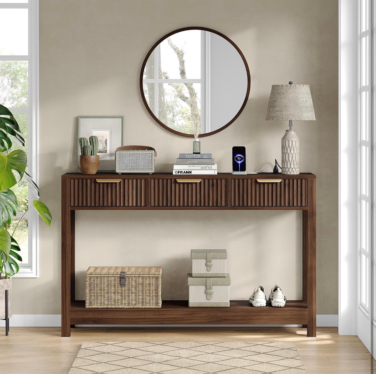SEALED: Wood Table 3 Drawers Curved Profile Storage Shelves - photo 5