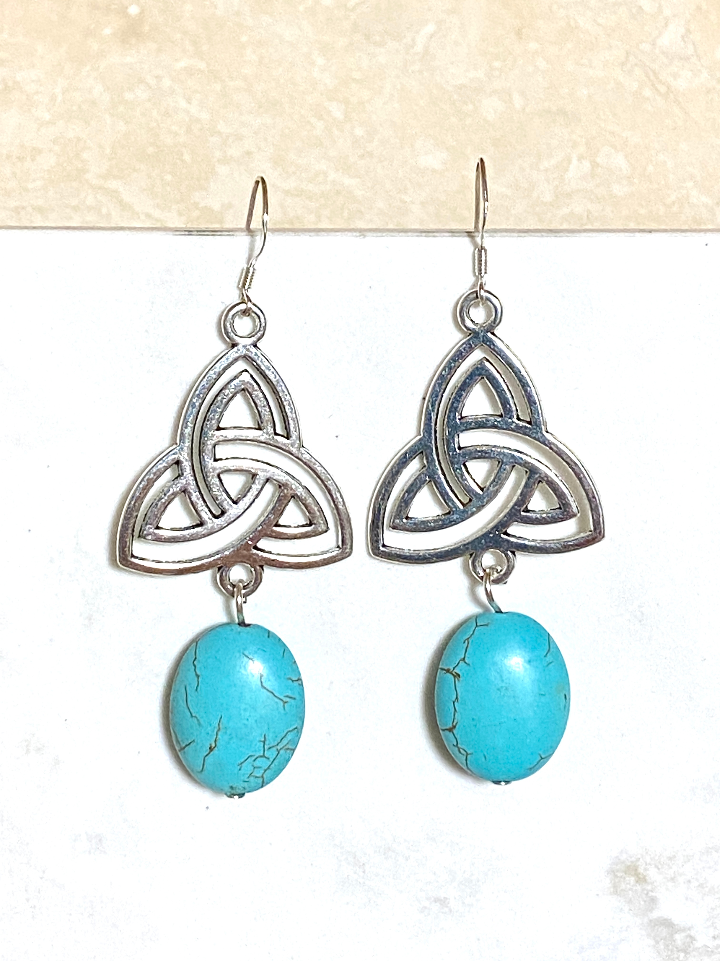 Blue Dyed Howlite Triqueta Earrings, Sterling Silver Hooks