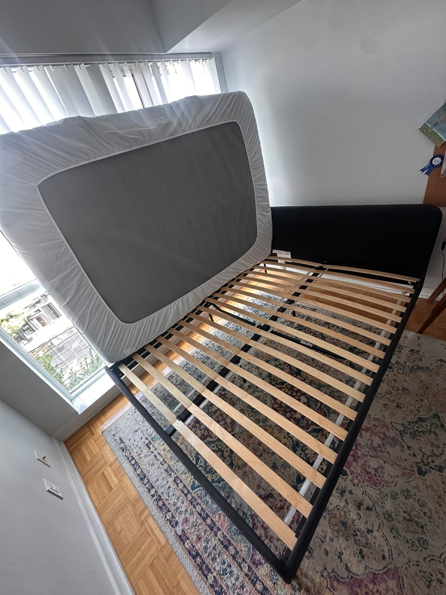 Bed Frame + New Mattress + Bed Base + Mattress Protector – $400