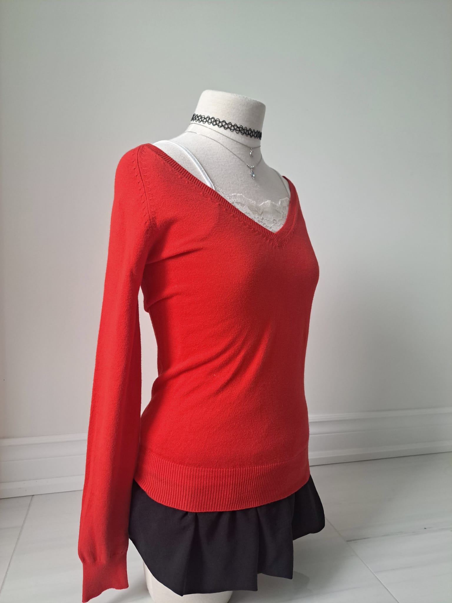 🧣Red Fitted V Neck Sweater Top - photo 2