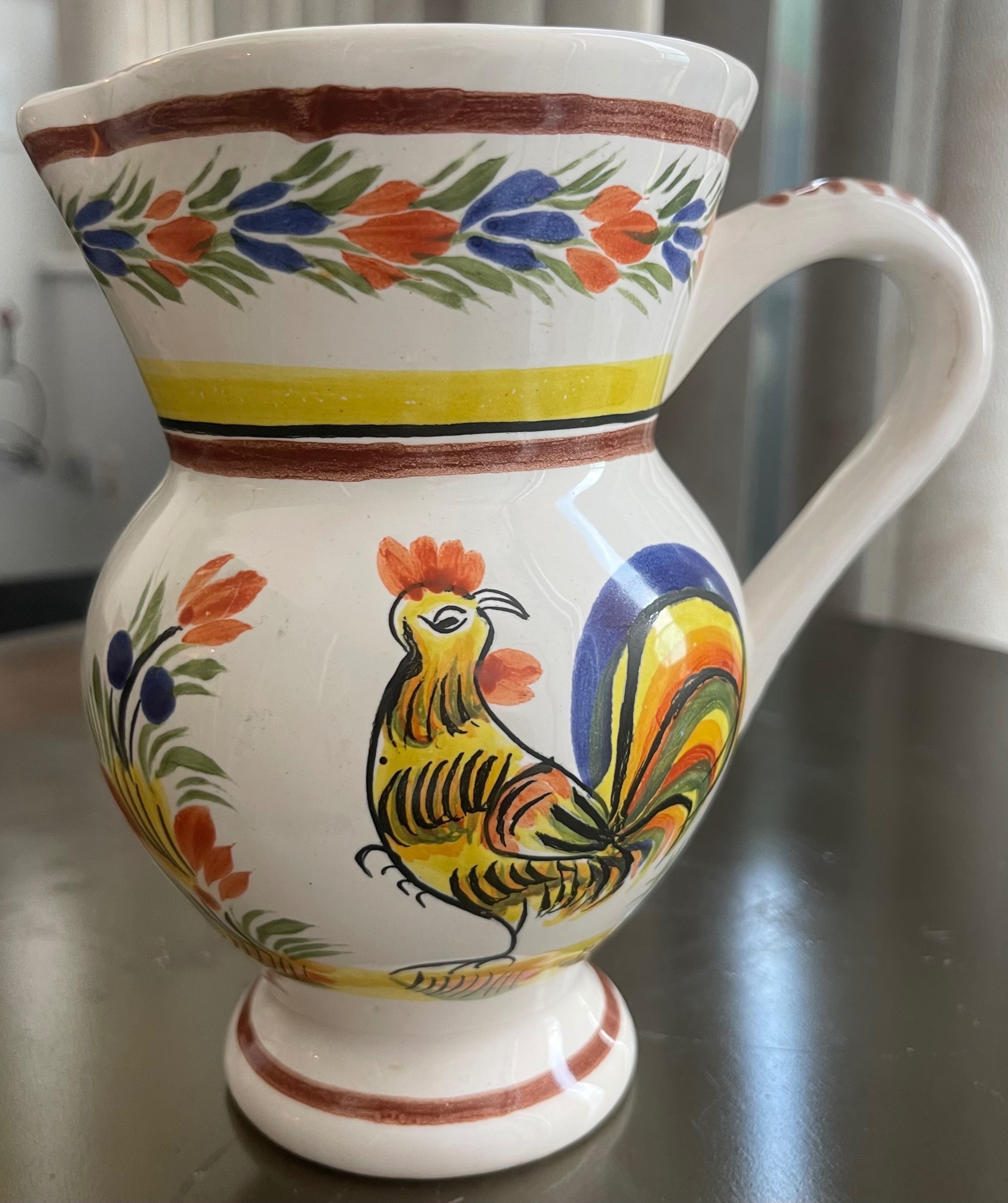 Vintage French Hand-Painted Rooster Ceramic Pitcher
