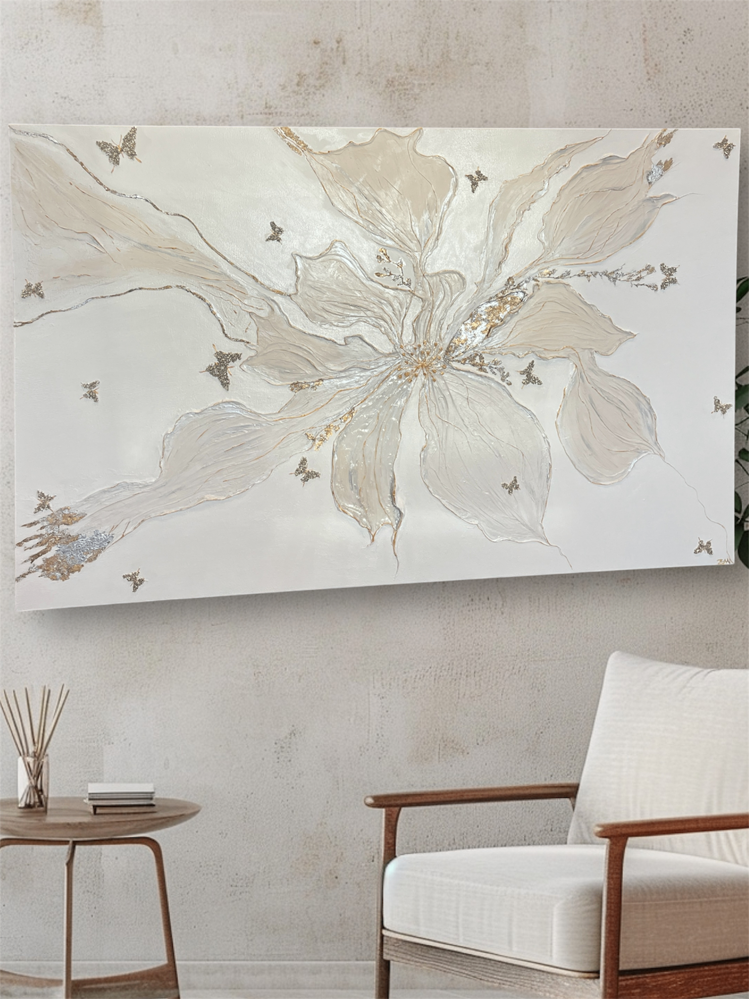 Large butterfly and floral artwork with crushed glass, stones - photo 5