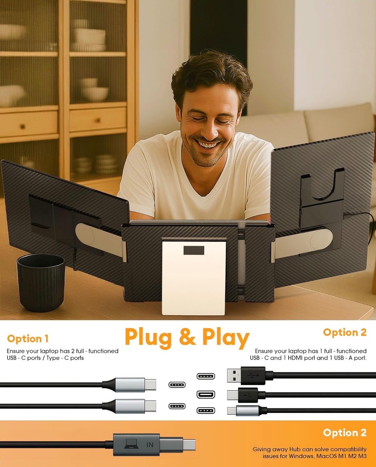 16" Triple Laptop Screen Extender 1200P IPS Portable Detachable - photo 3