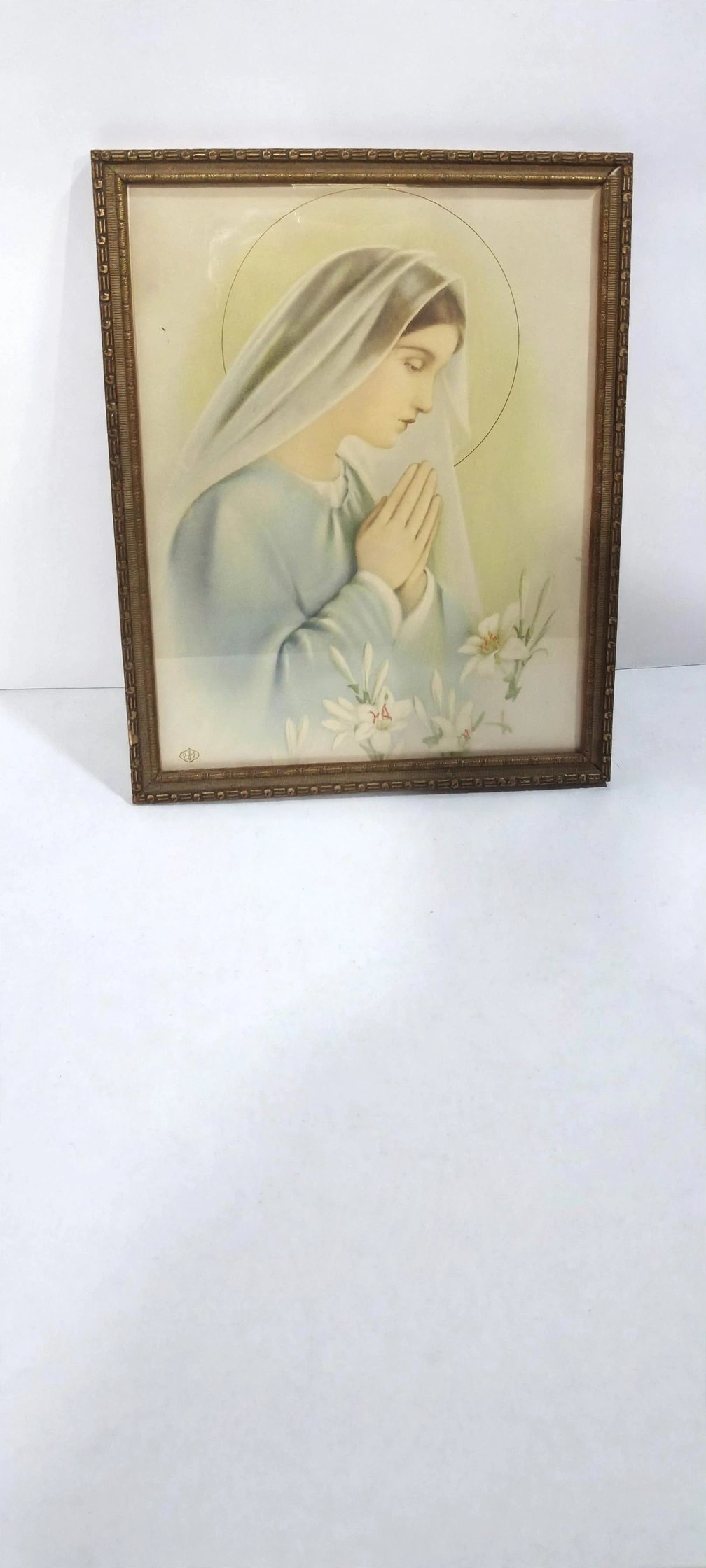 Vintage Blessed Virgin Mary Framed Art Print Gold Ornate Frame - photo 2