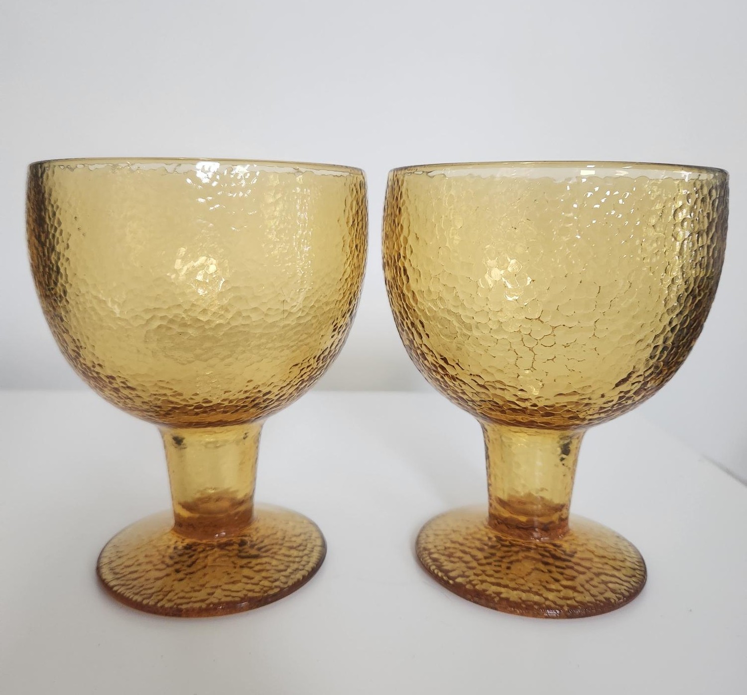 Pair of Vintage Amber Glass Pebble-textured Goblets