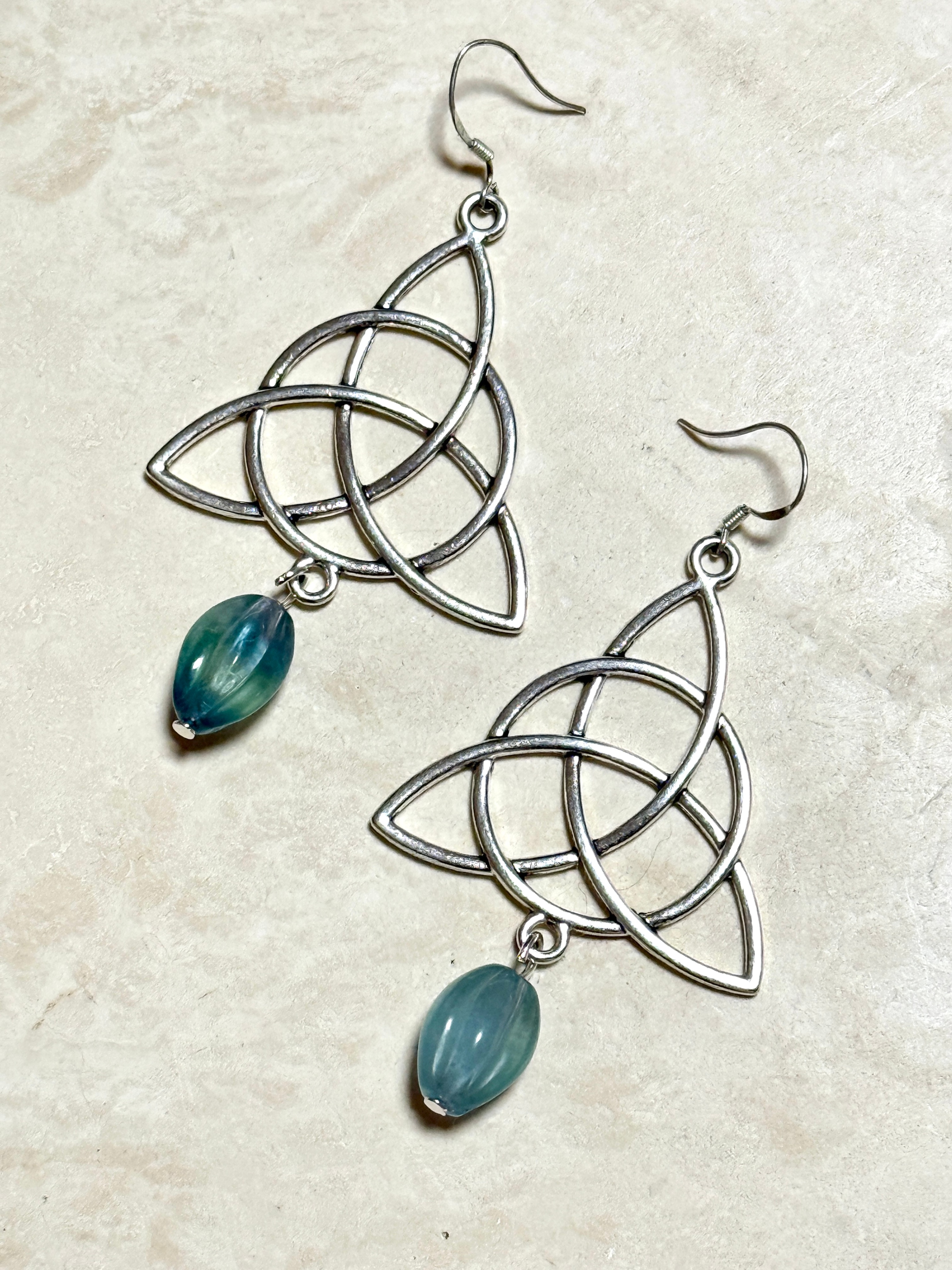 Teal Fluorite Celtic Trinity Earrings, Sterling Silver Hooks - photo 2
