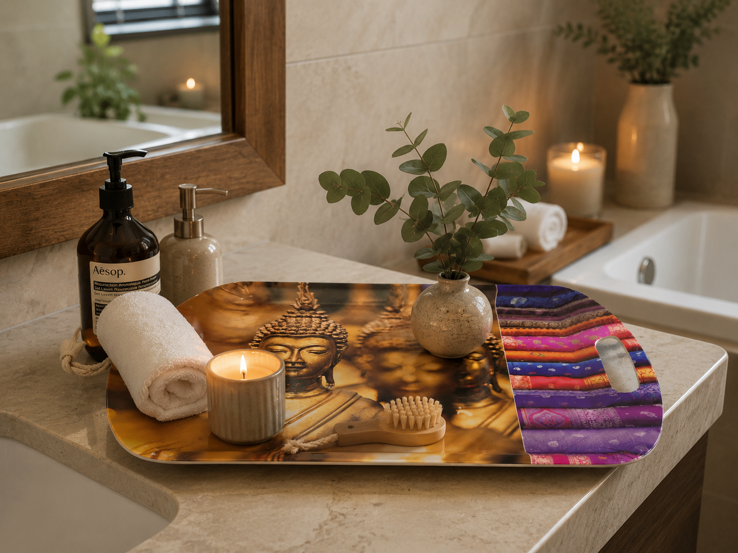 Golden Buddha & Sari Stripe Decorative Serving Tray