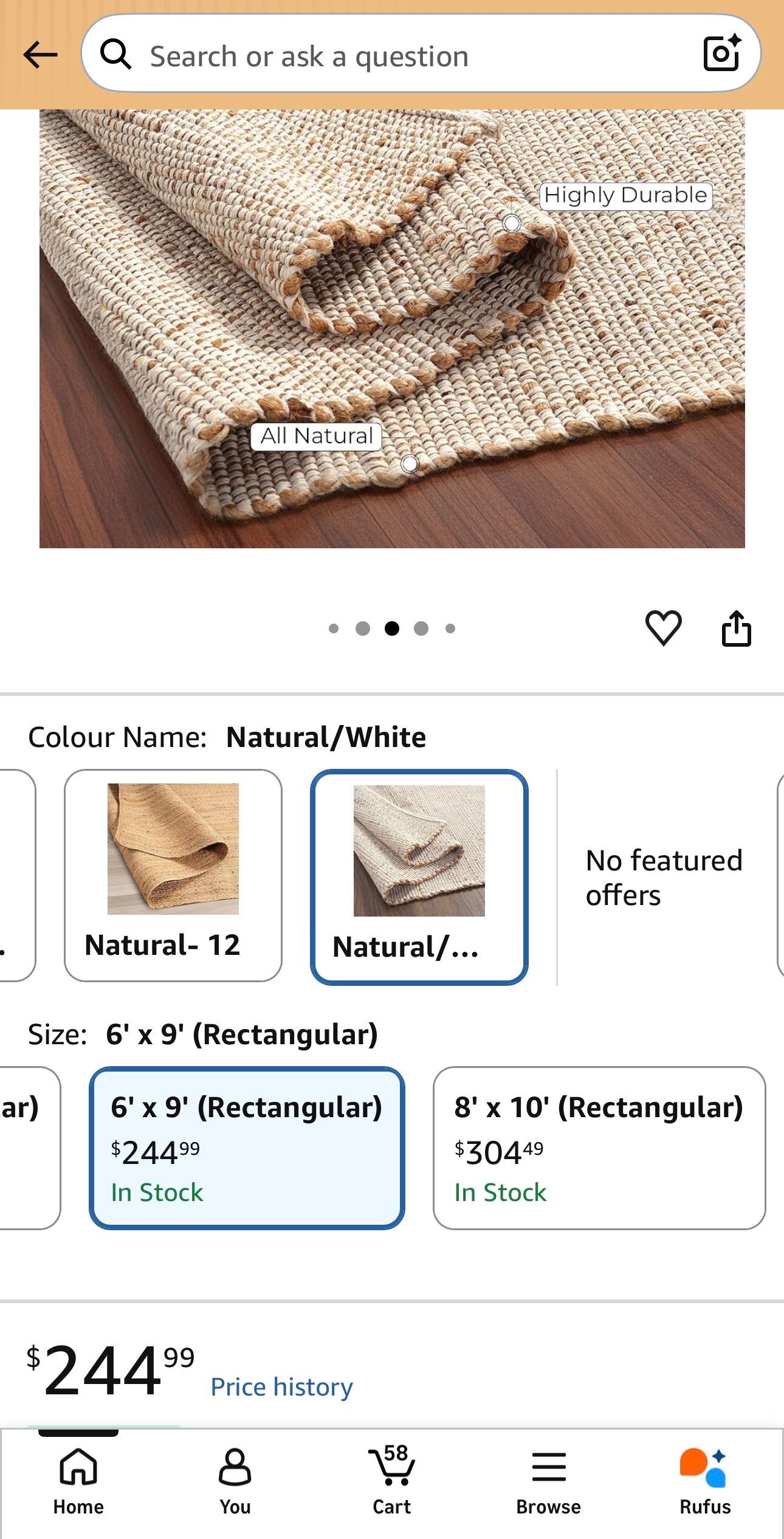 Jute Cotton Area Rug 6X9' Natural Handcrafted Vintage - photo 2