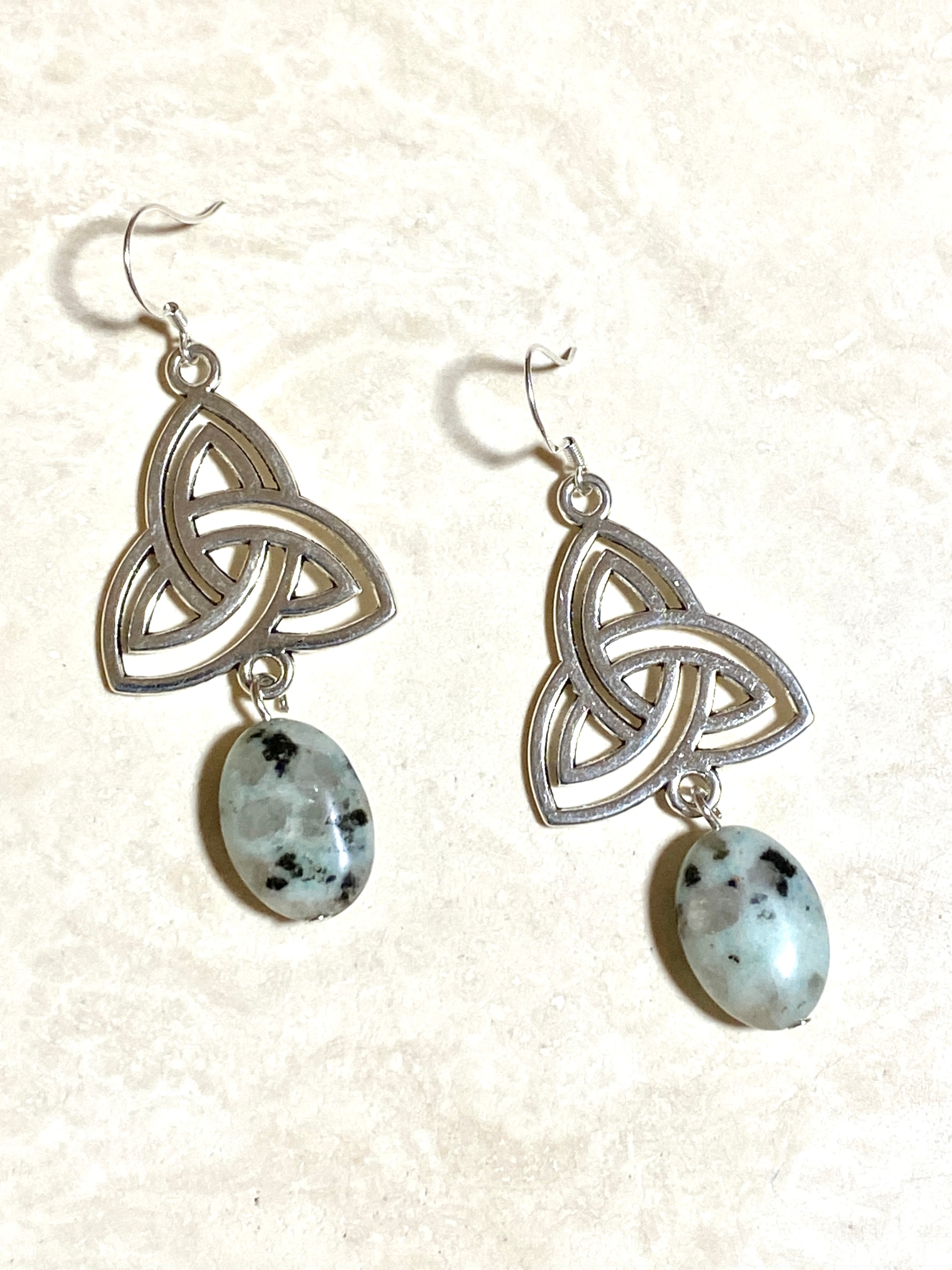 Light Teal Kiwi Jasper Triqueta Earrings, Sterling Silver Hook - photo 2