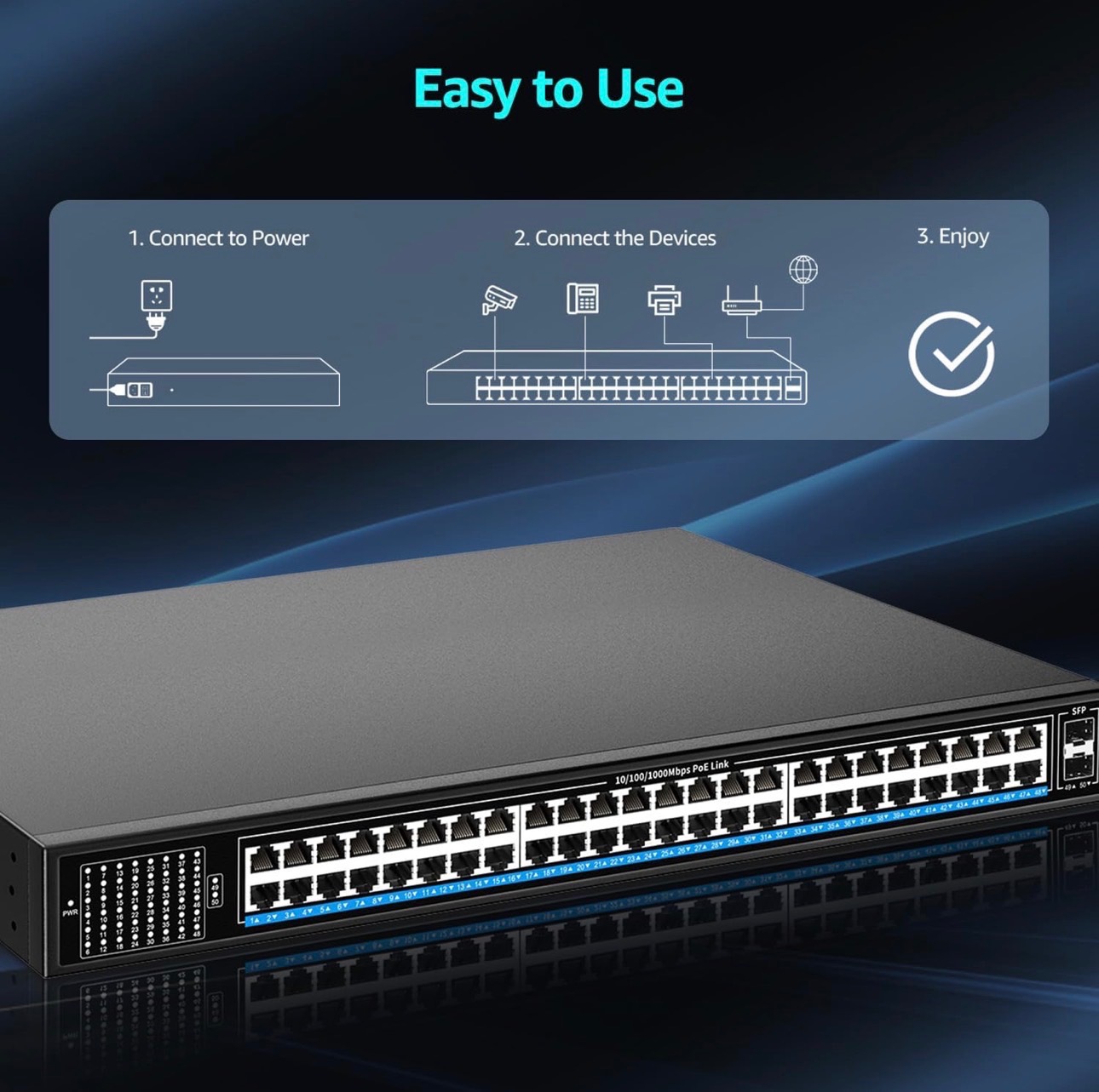 Ethernet Switch 48 Port Gigabit PoE Switch IEEE802.3af/at 2x1G S - photo 5