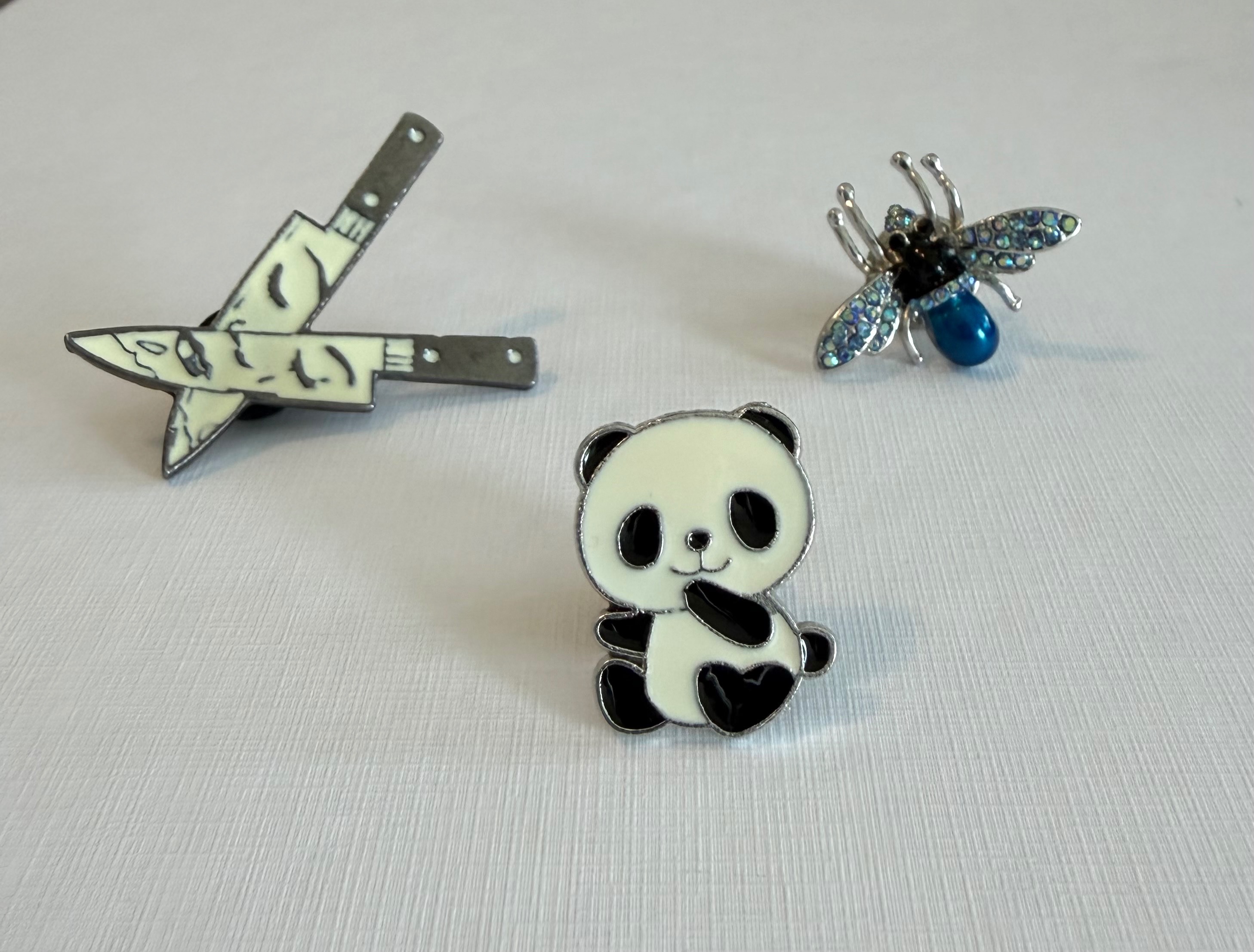 Lot of 3 Enamel Pins Panda Bee Crying Knife Brooch Pin