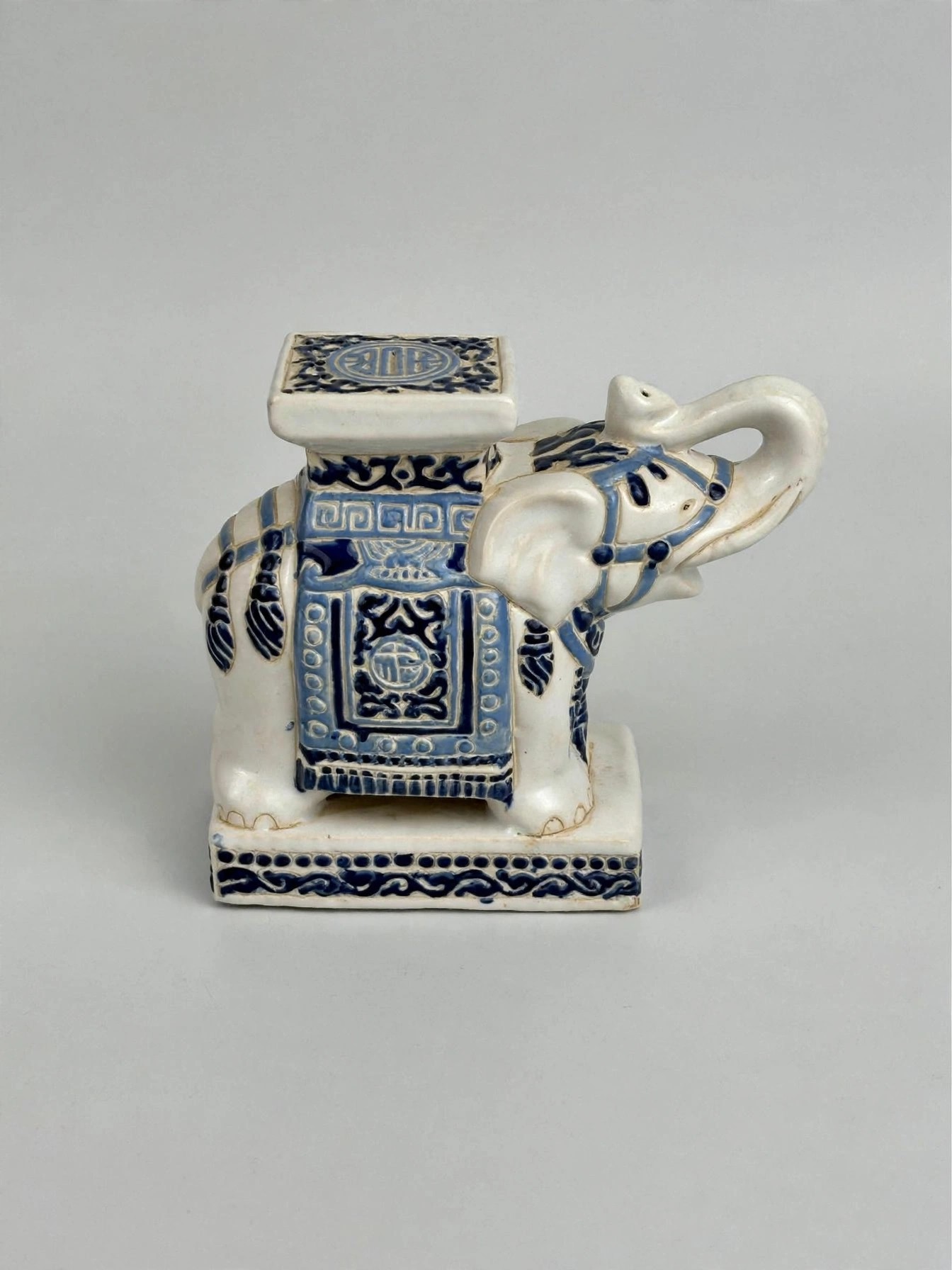 Vintage Blue White Ceramic Elephant Stool Figurine 8in - photo 3