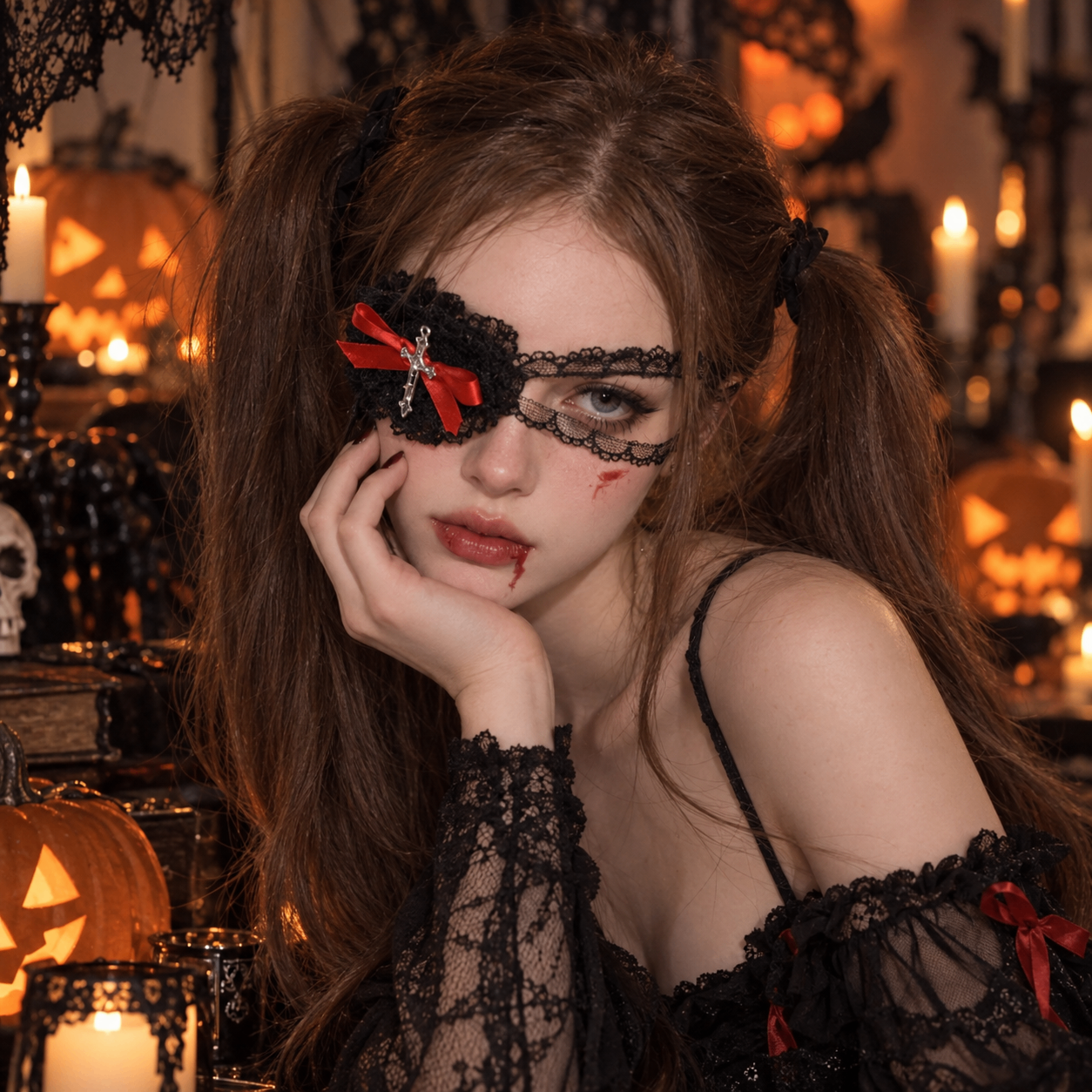 Halloween Gothic Lace Eye Patch – Red Bow & Cross Charm